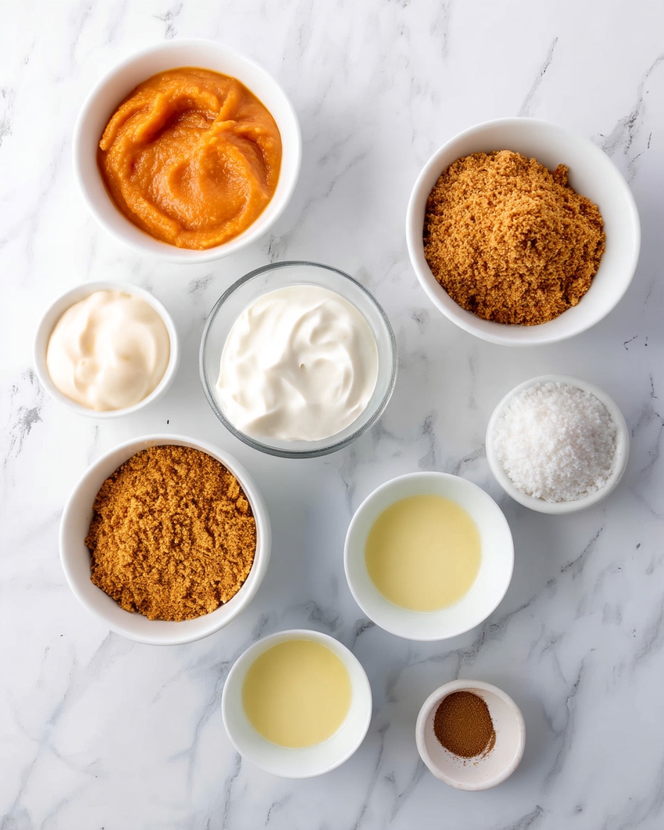 The image shows seven small white bowls placed on a white marbled surface. Each bowl contains a different ingredient: one bowl has smooth orange puree, two have thick white cream with soft texture, one has light brown crumbly powder, one has fine white granules, one has pale yellow liquid, and the smallest bowl holds a small amount of brown powder. The bowls are arranged in a loose circular shape, giving a clear view of each ingredient’s color and texture. photo taken with an iphone --ar 4:5 --v 7