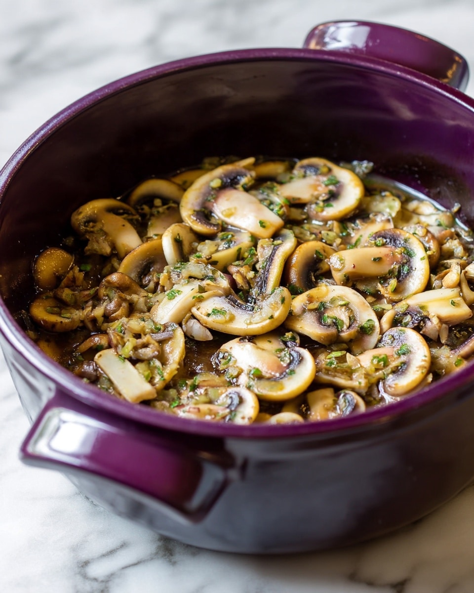 A close-up view of a deep purple pot filled with cooked sliced mushrooms mixed with herbs and small bits of onion in a light brown sauce. The mushrooms are thinly sliced, showing a pale beige color with darker brown edges, layered closely together and soaking in the sauce. The pot sits on a white marbled surface, highlighting the texture of the mushrooms and the glazed surface of the pot. photo taken with an iphone --ar 4:5 --v 7