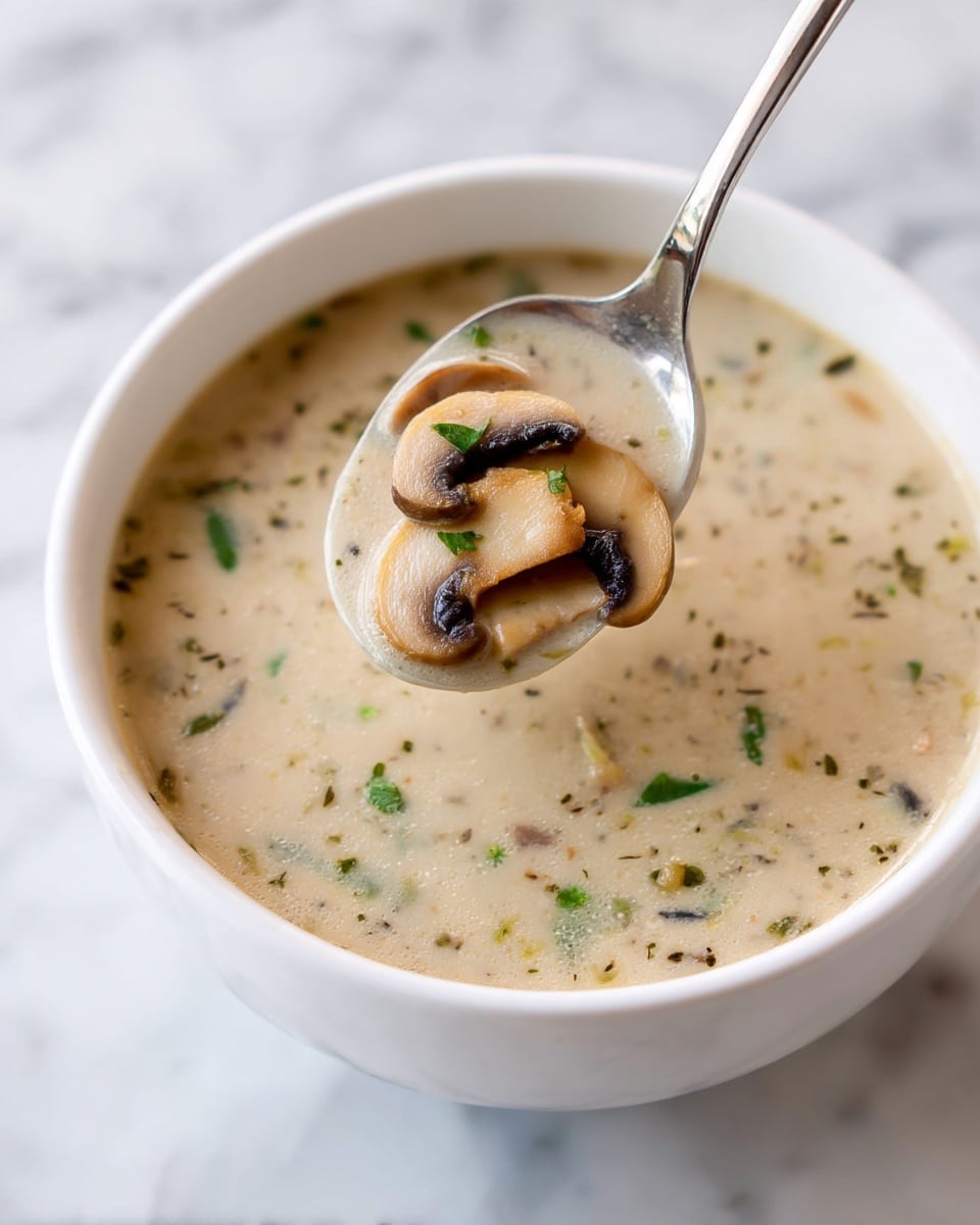 A close-up image of a creamy mushroom soup in a white bowl, filled to the top. The soup has a smooth, pale beige base with small bits of chopped herbs and spices throughout, giving it green and black specks. A metal spoon is scooping several slices of light brown mushrooms and bits of green herbs, showing the soup’s thick and creamy texture with visible pieces of mushroom floating inside. The bowl is placed on a white marbled surface, adding a clean, bright background contrast. Photo taken with an iphone --ar 4:5 --v 7