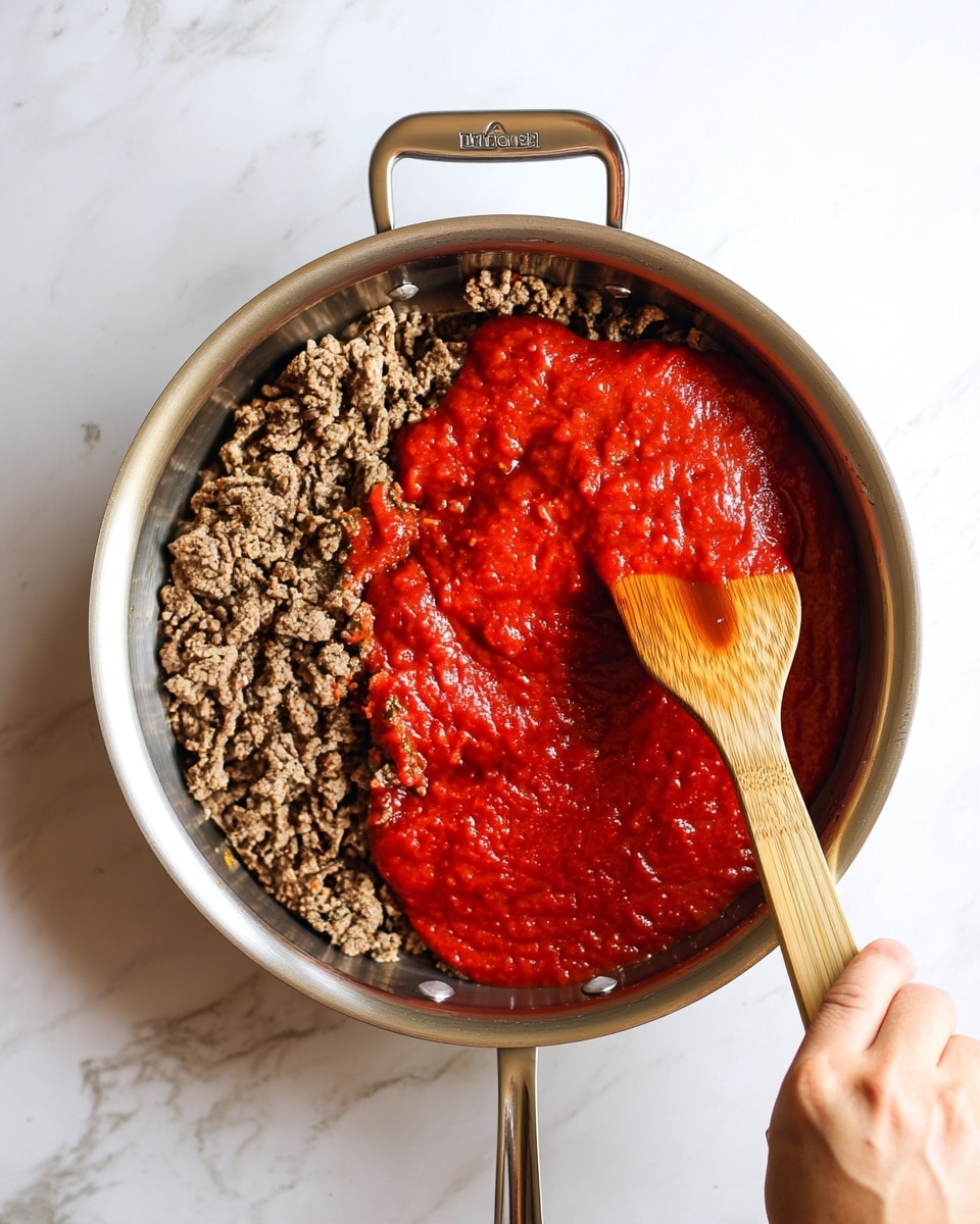 A top view of a stainless steel pan with cooked ground meat covering about two-thirds of the pan and a thick red tomato sauce spread on the remaining one-third. A wooden spatula is partially dipped into the sauce, held by a woman's hand at the bottom right of the image. The pan is placed on a white marbled textured surface, and the handle is visible at the top and bottom center of the image. The colors show a contrast between the brown meat, deep red sauce, and the natural wood of the spatula. Photo taken with an iphone --ar 4:5 --v 7