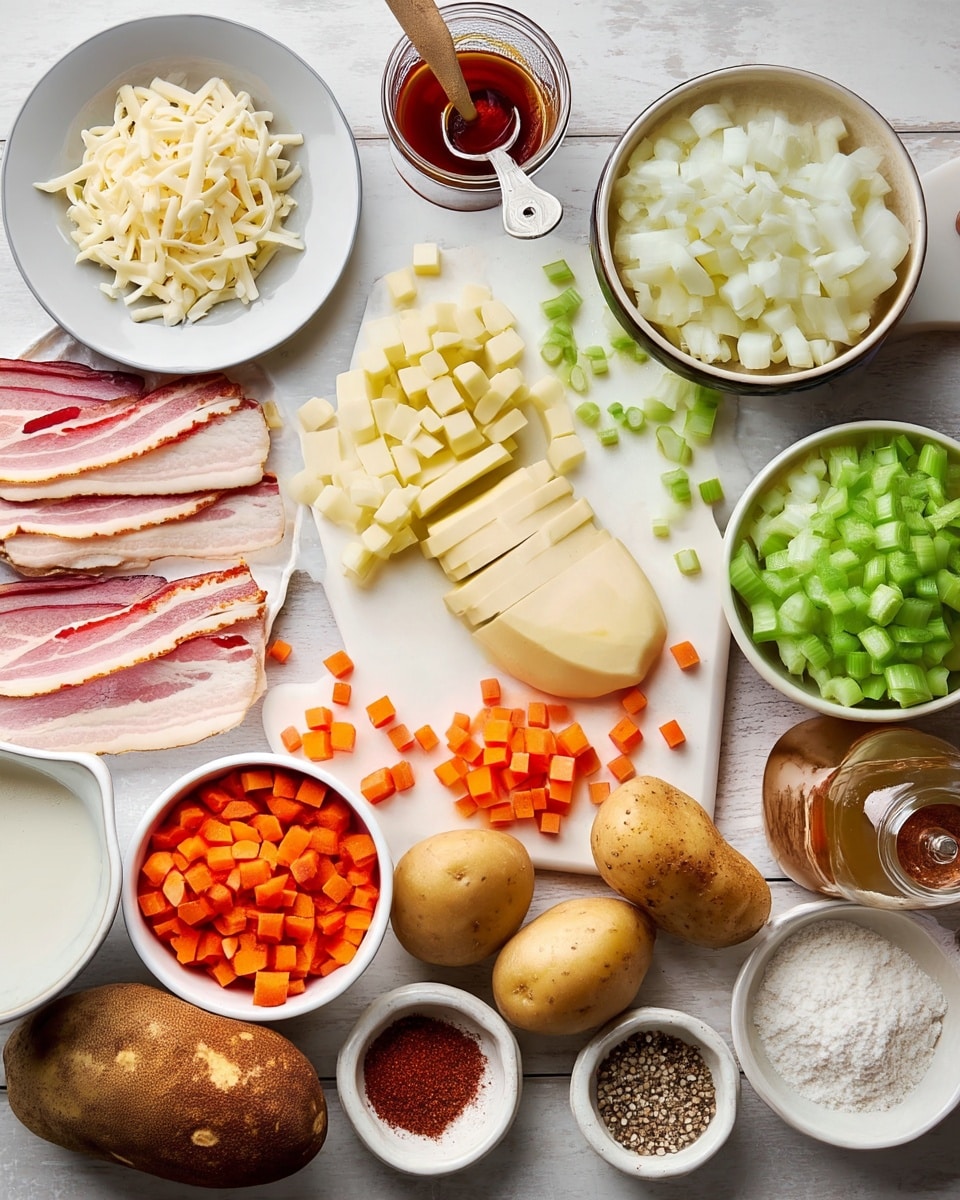 A top-down view of many cooking ingredients on a white marbled surface, featuring raw bacon strips laid on a white plate in the center left, a bowl of shredded pale yellow cheese above it, and a small bowl of yellow butter chunks to the right. Next to the butter, a white cutting board holds peeled and diced white potatoes with a knife on top, as well as chopped green celery pieces. Around the cutting board are diced orange carrots in a white bowl, whole unpeeled brown potatoes, chopped white onions in a white bowl, garlic cloves, a bowl of white flour, and small bowls with black pepper and salt. A small vintage container of a red spice with a spoon, and a bowl with a brown spice powder, are also visible. Photo taken with an iphone --ar 4:5 --v 7