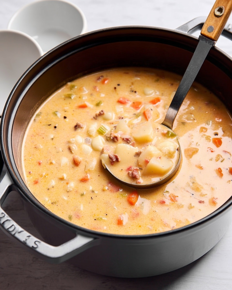 A close-up view of a large pot filled with creamy, thick soup that is pale orange with visible small pieces of white potatoes, orange carrots, green celery, and bits of browned meat scattered throughout. A spoon with a wooden handle is partially submerged, scooping a portion of the soup, showing its smooth and rich texture mixed with the chunky ingredients. The pot is black with grey handles, set on a white marbled surface, with parts of two white bowls visible in the background. Photo taken with an iphone --ar 4:5 --v 7