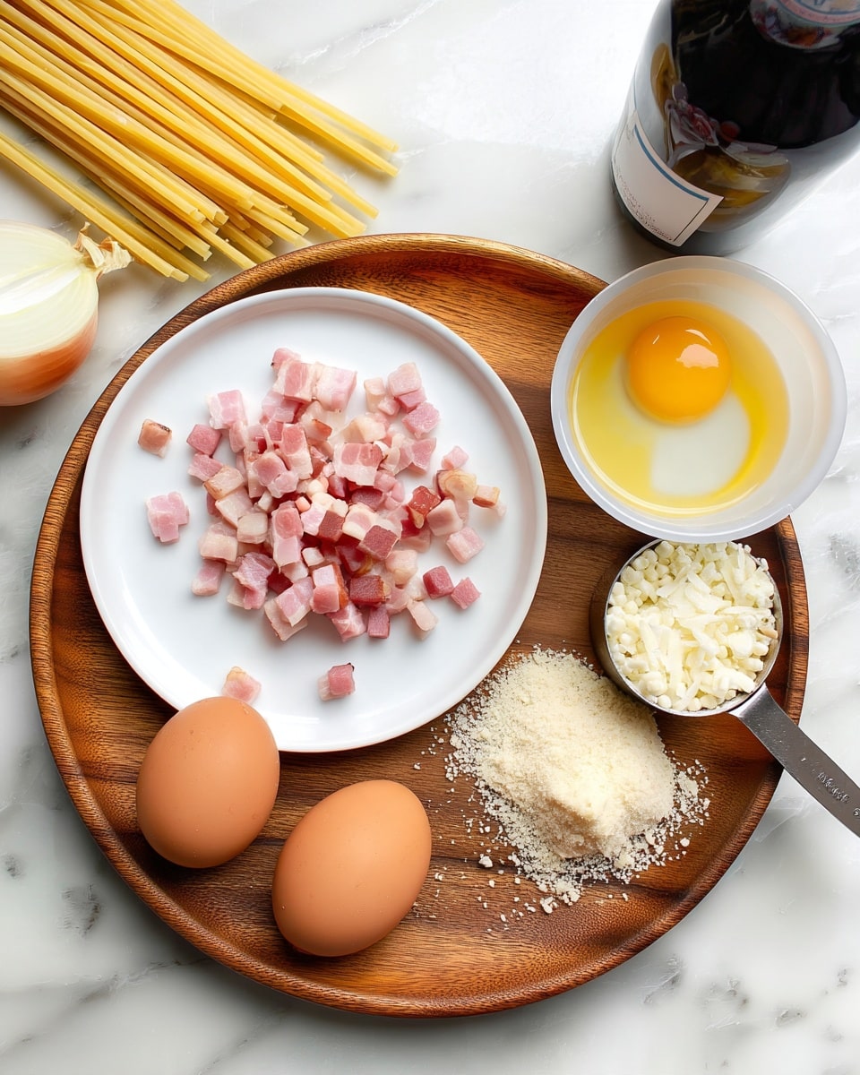 A white plate on a round wooden tray holds small pink and white pieces of diced bacon in the center. Next to the plate, on the tray, is a small metal measuring cup filled with grated pale yellow cheese with more cheese sprinkled beside it on the tray. A pale yellow onion half sits behind the plate. On the white marbled surface around the tray, there are two whole brown eggs, a single raw egg cracked into a small white bowl showing a bright yellow yolk, a bunch of uncooked pale yellow spaghetti, and the neck of a dark wine bottle with a blue label. Photo taken with an iphone --ar 4:5 --v 7