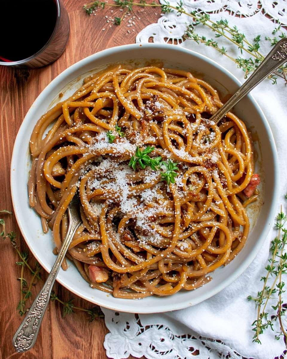 A round white bowl filled with thick spaghetti noodles coated in a rich brown sauce, sprinkled with a light dusting of grated cheese, and garnished with a small sprig of green herbs on top. The pasta is mixed with small bits of what appears to be meat or vegetables scattered throughout. Two ornate silver forks are partially submerged in the pasta, resting on opposite sides inside the bowl. The bowl is placed on a wooden surface with some thyme sprigs nearby and a white cloth with a lace edge to the right. A glass with a dark red liquid is partly visible on the upper left. Photo taken with an iphone --ar 4:5 --v 7