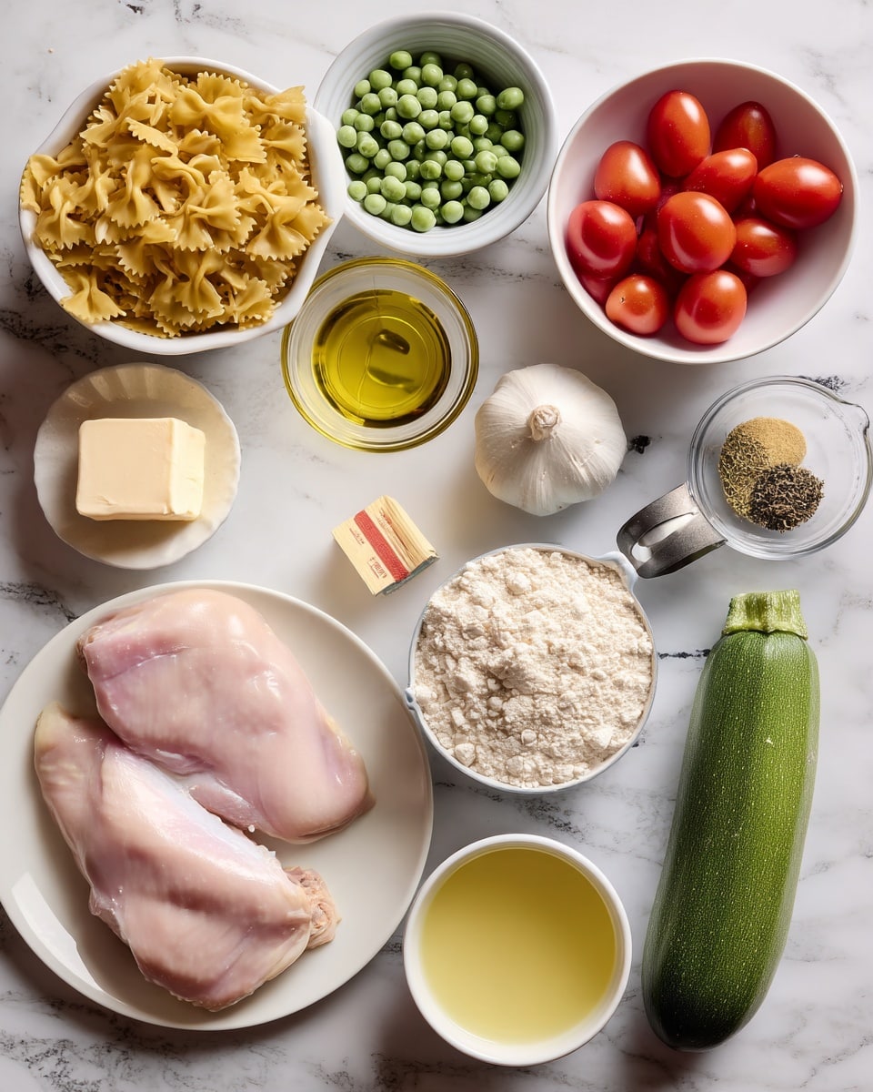 The image shows raw ingredients laid out on a white marbled surface, including two pale pink chicken pieces on a white plate in the bottom left, a small cube of butter and a whole garlic bulb near the center, and a whole green zucchini on the right. There are small white bowls containing yellow farfalle pasta at the top left, green peas at the top center, and red grape tomatoes near the middle right. Additional items include a small glass cup of olive oil near the center, a metal cup of white flour, a small bowl of mixed dried herbs and spices, a small metal measuring cup filled with white cream, and a white bowl with clear chicken broth at the bottom center. Photo taken with an iphone --ar 4:5 --v 7