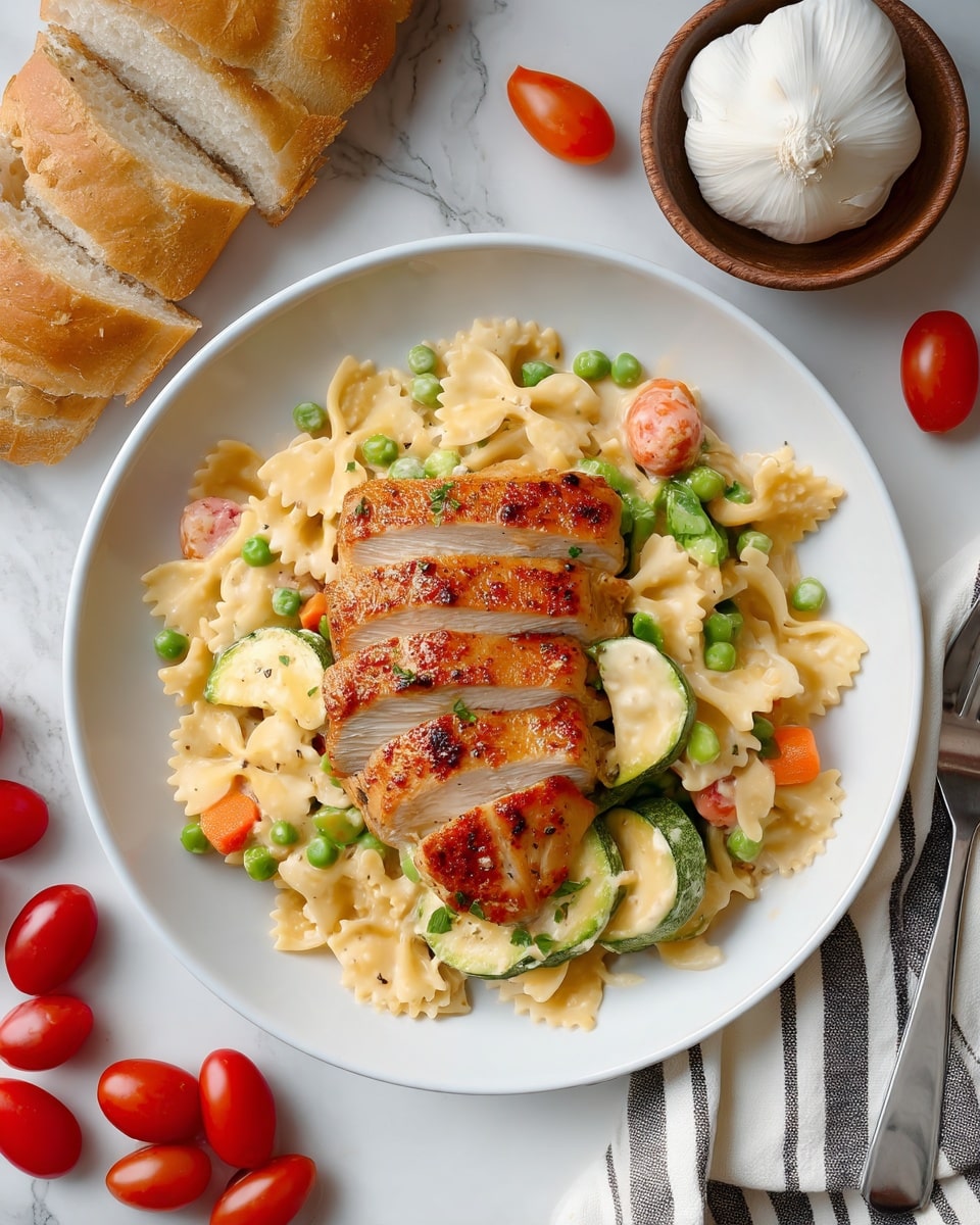 A white plate on a white marbled surface holds a dish with three main layers. The bottom layer is light yellow farfalle pasta mixed with green peas, soft zucchini slices, and small pieces of orange carrot, all coated in a creamy sauce. On top of the pasta is a layer of sliced cooked meat with a browned, slightly seasoned surface, arranged in a neat stack across the center of the plate. Around the plate, there are some red cherry tomatoes, a torn piece of light brown bread, a bowl with a garlic bulb, and a silver fork resting on a striped white and gray cloth. Photo taken with an iphone --ar 4:5 --v 7