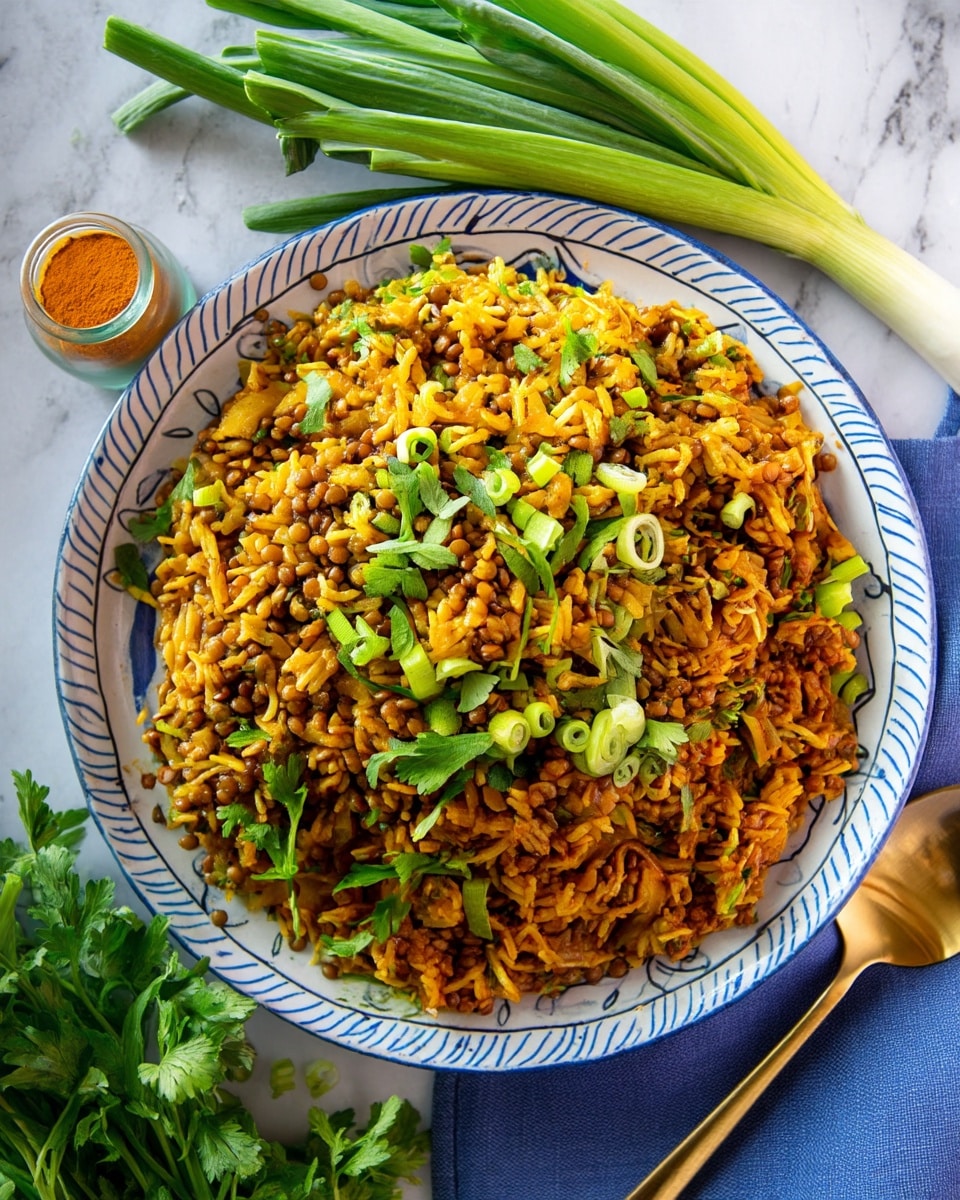 A large round white plate with blue patterns on the edge holds a mixed dish of cooked yellow rice and brown lentils, all spread evenly. On top, there is a sprinkle of fresh chopped green onions and herbs adding bright green color. Around the plate, the scene shows a bunch of green onions, a small jar with orange powder, a spoon with a golden shine laying on a blue cloth, and a white marbled surface as the background. The dish looks warm and textured with grains and lentils mixed throughout, creating a comforting and hearty look. photo taken with an iphone --ar 4:5 --v 7