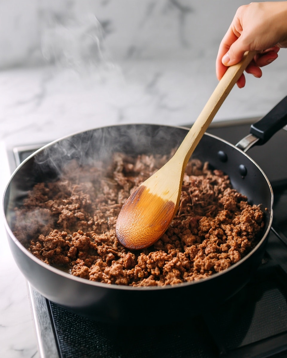 A black frying pan full of cooked ground meat, brown and crumbly in texture, sits on a stove. A wooden spoon with a light brown handle is stirring the meat inside the pan, held by a woman's hand. Steam rises from the hot meat, and the background is a white marbled texture. photo taken with an iphone --ar 4:5 --v 7