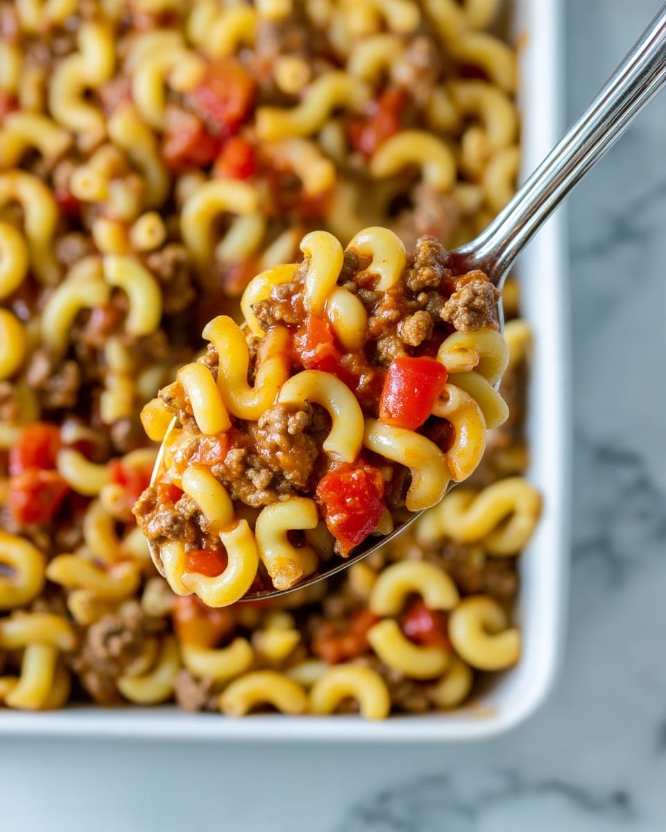 The image shows a close-up of a spoon lifting a serving of macaroni pasta mixed with ground meat and diced tomatoes. The pasta is light yellow and elbow-shaped, with a smooth texture. The ground meat is brown and crumbly, evenly mixed throughout. The diced tomatoes are bright red, adding contrast and bits of juiciness. The background shows the rest of the pasta dish in a large white container, all sitting on a white marbled surface. photo taken with an iphone --ar 4:5 --v 7