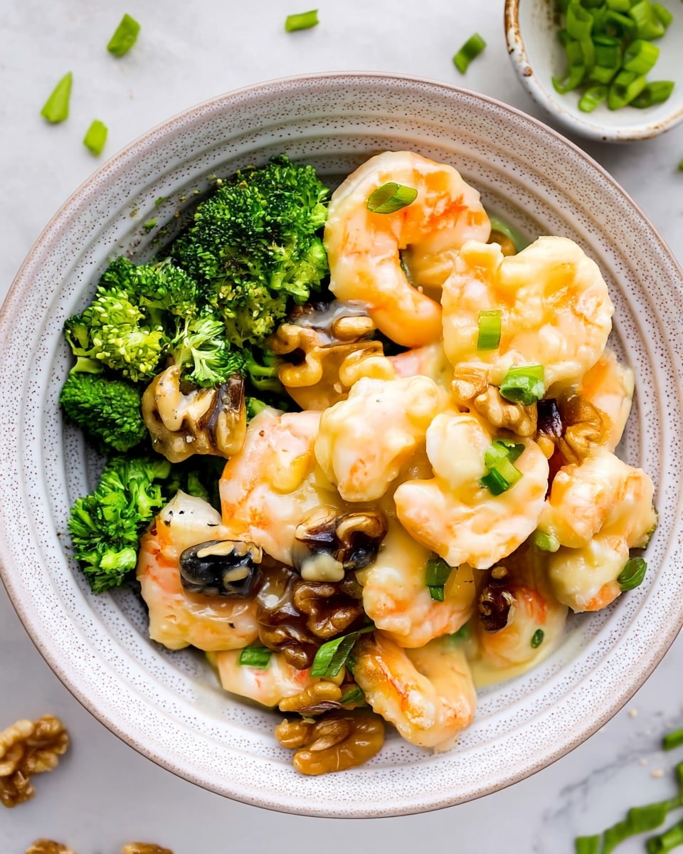 A white speckled bowl filled with several large, light orange shrimp coated in a creamy sauce, scattered with small green onion pieces and brown walnut halves. On the left side of the bowl, bright green broccoli florets add a fresh contrast. The bowl sits on a white marbled surface with a small white bowl of chopped green onions partially visible in the top right corner. photo taken with an iphone --ar 4:5 --v 7