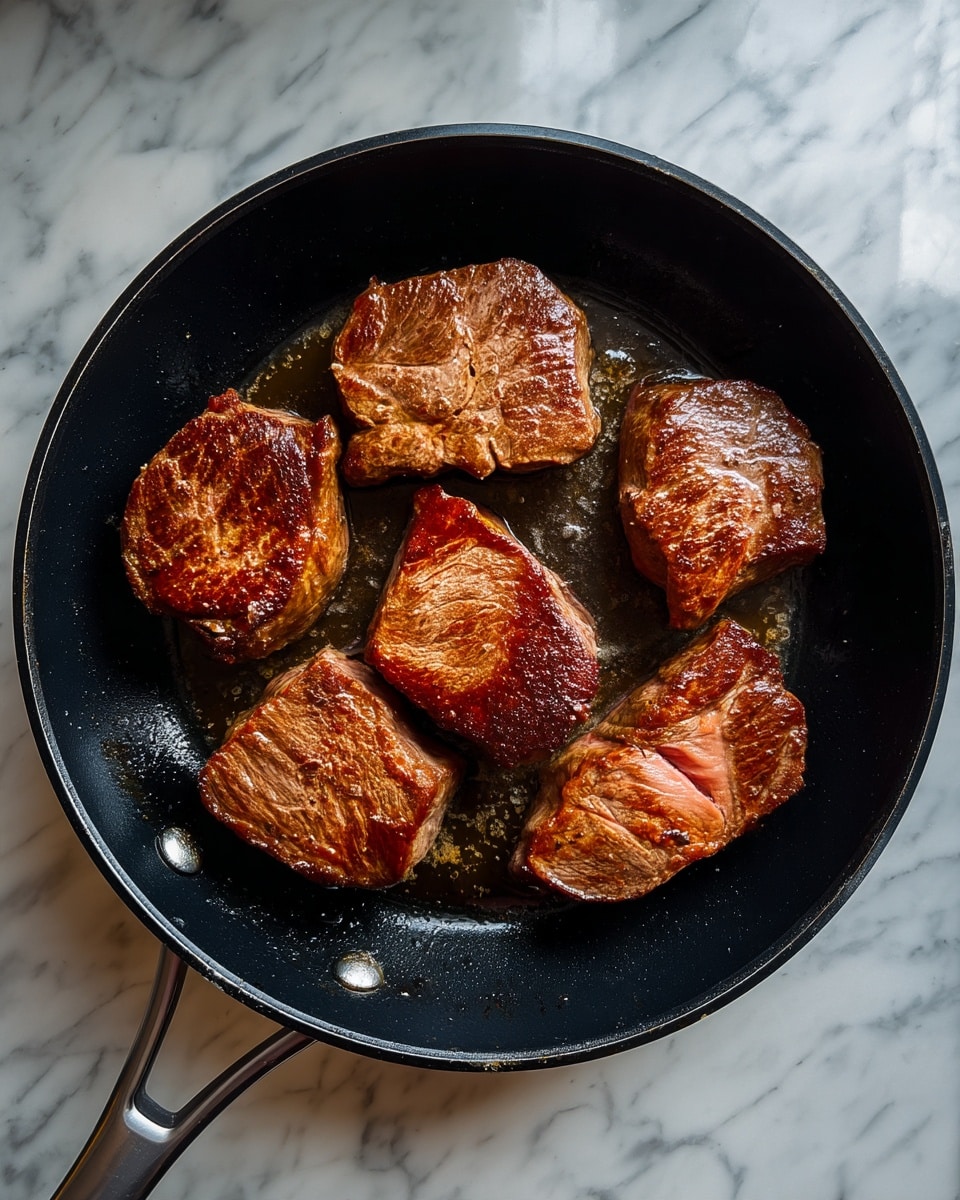 A black round pan seen from above is on a stove with a white marbled surface around it. Inside the pan, there are five pieces of cooked meat with a browned, slightly crispy outside texture. The meat varies in size and shape, with some pieces thicker and others thinner, showing a mix of darker and lighter brown shades. The meat looks juicy and well-cooked with a slight shine from the cooking oil. The pan handle is visible on the left side. photo taken with an iphone --ar 4:5 --v 7