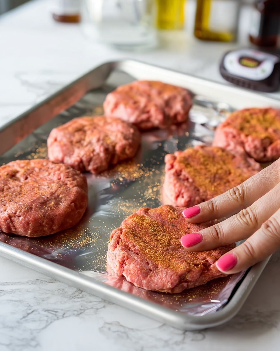 A white marbled surface holds a silver metal tray lined with foil, on which seven raw meat patties lie. Each patty is round and thick with a slightly rough texture, and they are sprinkled with a reddish-brown spice powder. A woman's hand with pink-painted nails gently presses down on one patty in the front center of the tray. In the blurred background, there are two bottles partially visible. photo taken with an iphone --ar 4:5 --v 7