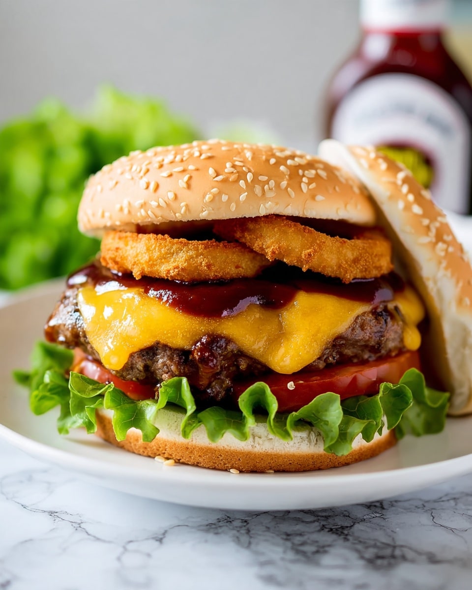 A close-up of a cheeseburger on a white plate placed on a white marbled surface, showing five layers: at the bottom, fresh green lettuce leaves, followed by thick red tomato slices, then a juicy beef patty topped with melted yellow cheddar cheese, a layer of dark brown barbecue sauce on the cheese, and two golden-brown crispy onion rings resting on top. The top half of the sesame seed bun is leaning against the burger to the right side. In the slightly blurry background, there is some fresh green lettuce and a bottle of sauce. Photo taken with an iphone --ar 4:5 --v 7