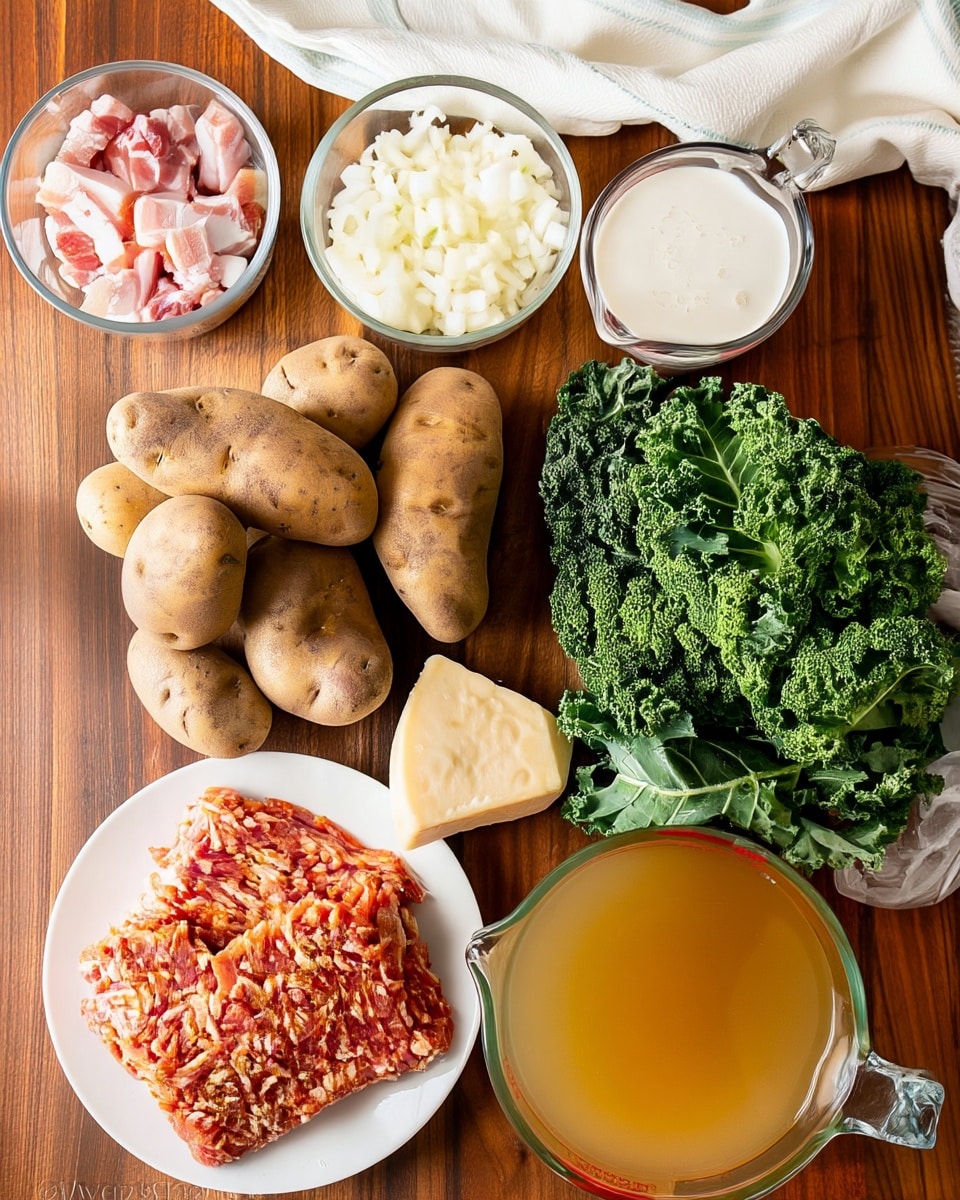 A flat lay shows seven ingredients arranged on a wooden surface with a white cloth at the top. Starting from the top left, there is a clear glass bowl filled with pink and white chunks of raw pork, next to it a clear glass bowl with finely chopped white onions. To the right, a clear measuring cup filled with white cream. Below, on the left side, seven brown potatoes with rough skin are grouped together. Below them, on a white plate, is a square portion of mixed raw sausage meat with red and white textures. To the right of the potatoes, a wedge of pale yellow cheese rests on the table. Alongside this, a bunch of dark green leafy kale sits at the right edge. Finally, at the bottom right corner, a large clear measuring cup holds a light golden broth or stock. All items are on a warm wooden table, photo taken with an iphone --ar 4:5 --v 7
