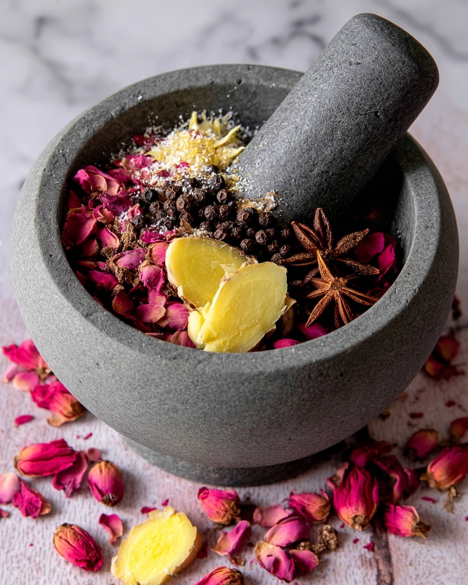 Inside a round grey stone mortar, there are three main layers of ingredients: the bottom and largest layer is made of dried pink rose petals scattered loosely; above this is a middle layer of whole green cardamom pods and dark brown star anise and cloves mixed in; on top and to one side, there are two yellowish slices of fresh ginger with a slightly rough texture and some grated pieces sprinkled around. The mortar and its matching pestle are placed on a white marbled surface. Photo taken with an iphone --ar 4:5 --v 7