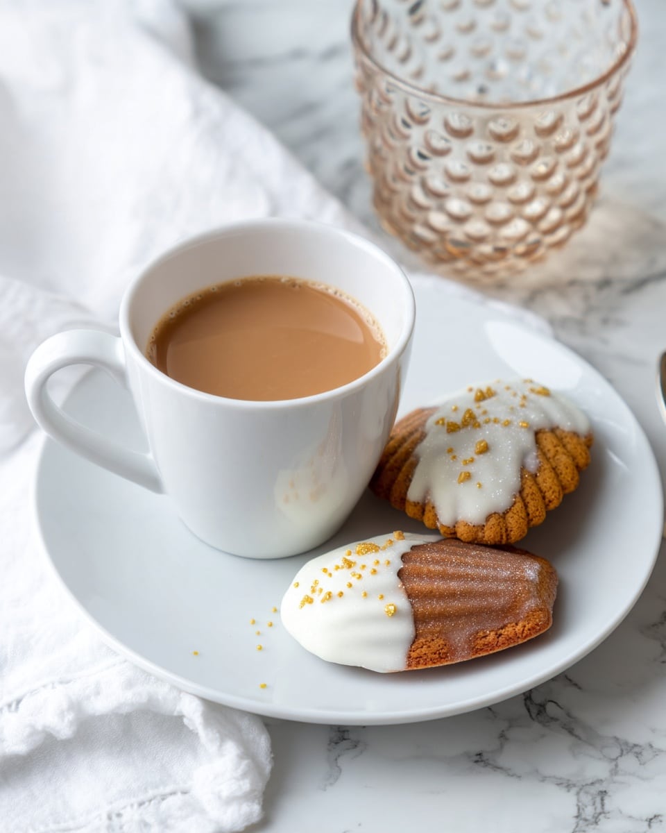 A white cup filled with light brown coffee sits on a white plate. Next to the cup are two brown shell-shaped cookies, each dipped halfway in white icing and topped with small golden sprinkles. The plate rests on a white marbled surface with a white cloth and a clear glass cup with a textured pattern partially visible nearby. Photo taken with an iphone --ar 4:5 --v 7