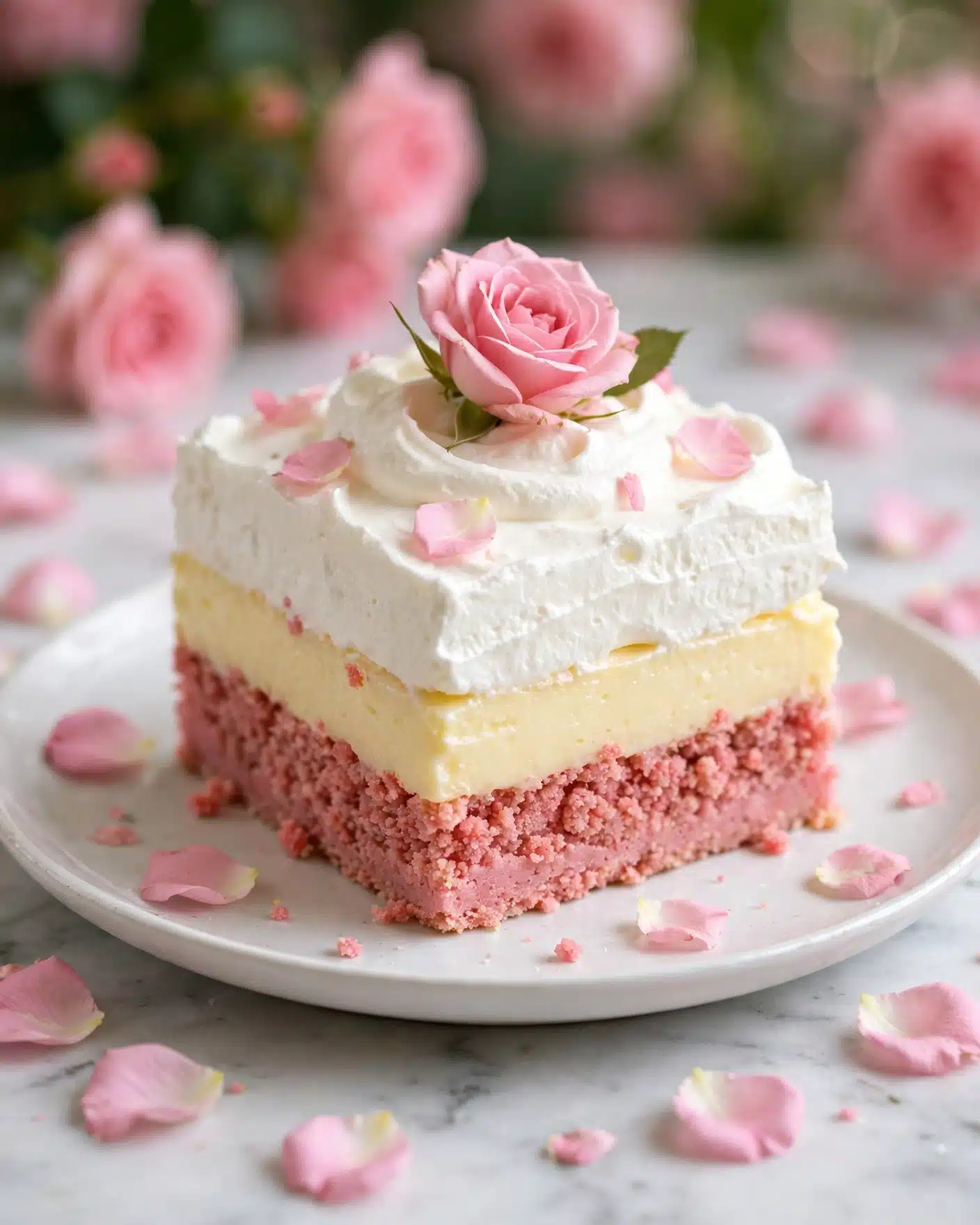 The image shows a square piece of dessert on a white plate placed on a white marbled surface. The dessert has three distinct layers: the bottom layer is pink and soft with a crumbly texture, the middle layer is light yellow and creamy with a smooth texture, and the top layer is thick and white, fluffy like whipped cream. A pink rose sits on top of the dessert, with pink rose petals scattered on the white top layer and around the plate. More pink roses and petals are softly blurred in the background. Photo taken with an iphone --ar 4:5 --v 7