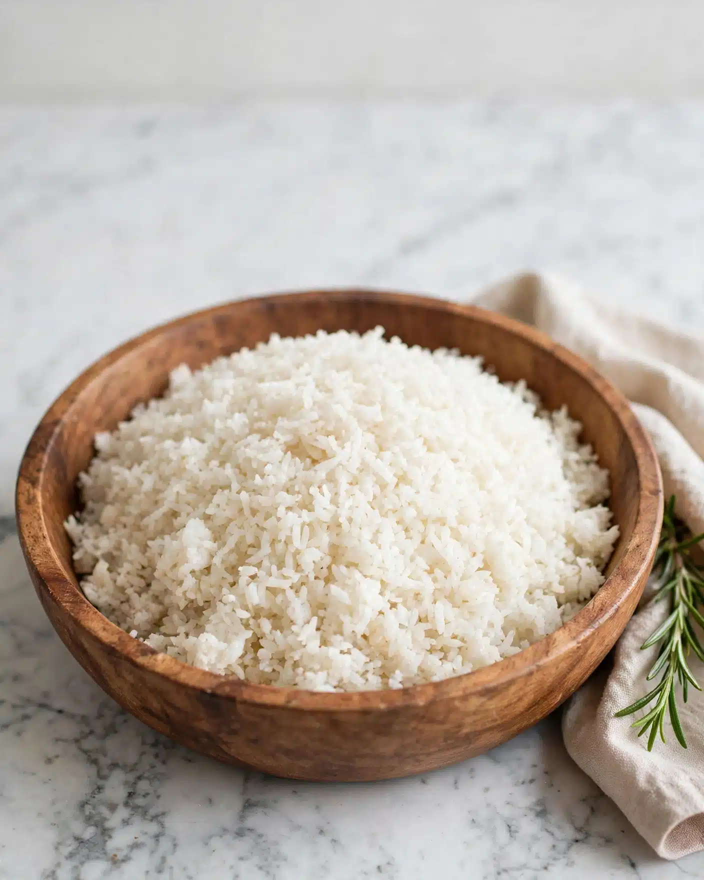 Arroz Biro-Biro (Brazilian Fried Rice) Recipe 4 A round wooden bowl holds a mound of fluffy white rice, with soft, individual grains visible. The rice fills the bowl nearly to the top, showing a slightly uneven surface that suggests a light and airy texture. The wooden bowl contrasts with the bright white rice, and the background features a white marbled texture with a sprig of greenery to the side. photo taken with an iphone --ar 4:5 --v 7
