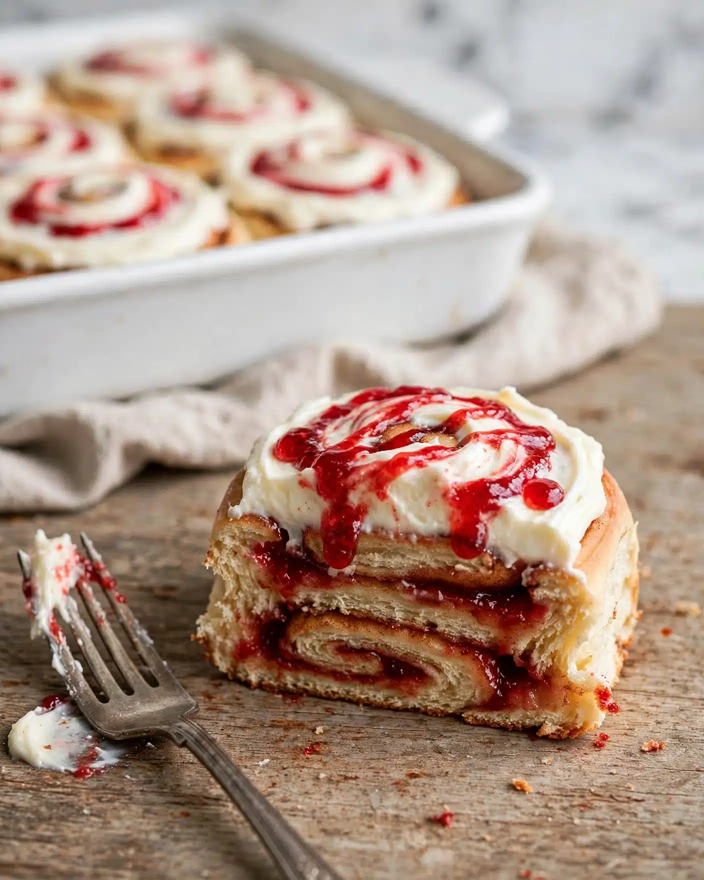 Spiced Plum Cinnamon Rolls with Plum Jam Cream Cheese Frosting Recipe 5 A close-up view of a baking pan lined with parchment paper filled with nine soft cinnamon rolls covered in thick white cream cheese frosting, with bright red raspberry sauce swirled throughout the frosting on top of each roll, showing the light golden brown dough peeking through in spots, all placed on a white marbled textured surface with a beige cloth nearby photo taken with an iphone --ar 4:5 --v 7
