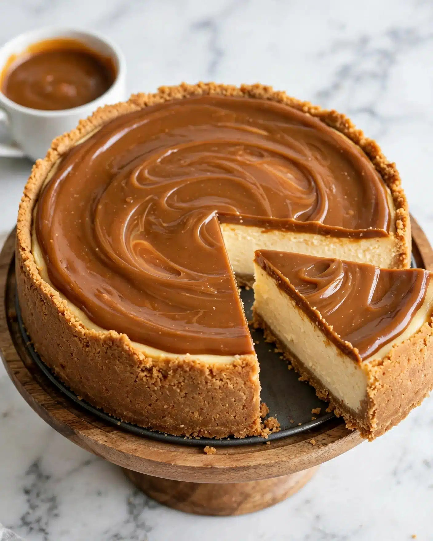 Dulce de Leche Cheesecake with Pecan Crust and Lush Dulce de Leche Topping Recipe 5 The image shows a round cheesecake with three layers: the bottom layer is a thick, crumbly light brown crust that covers the edges as well, the middle layer is a pale creamy filling with a smooth and dense texture, and the top layer is a glossy, rich caramel brown topping spread evenly with visible swirls. One slice is cut out and slightly pulled out, showing the clean lines between layers. The cheesecake sits on a dark round pan placed on a wooden stand, set against a white marbled background. In the background, there is a white cup filled with caramel sauce. photo taken with an iphone --ar 4:5 --v 7