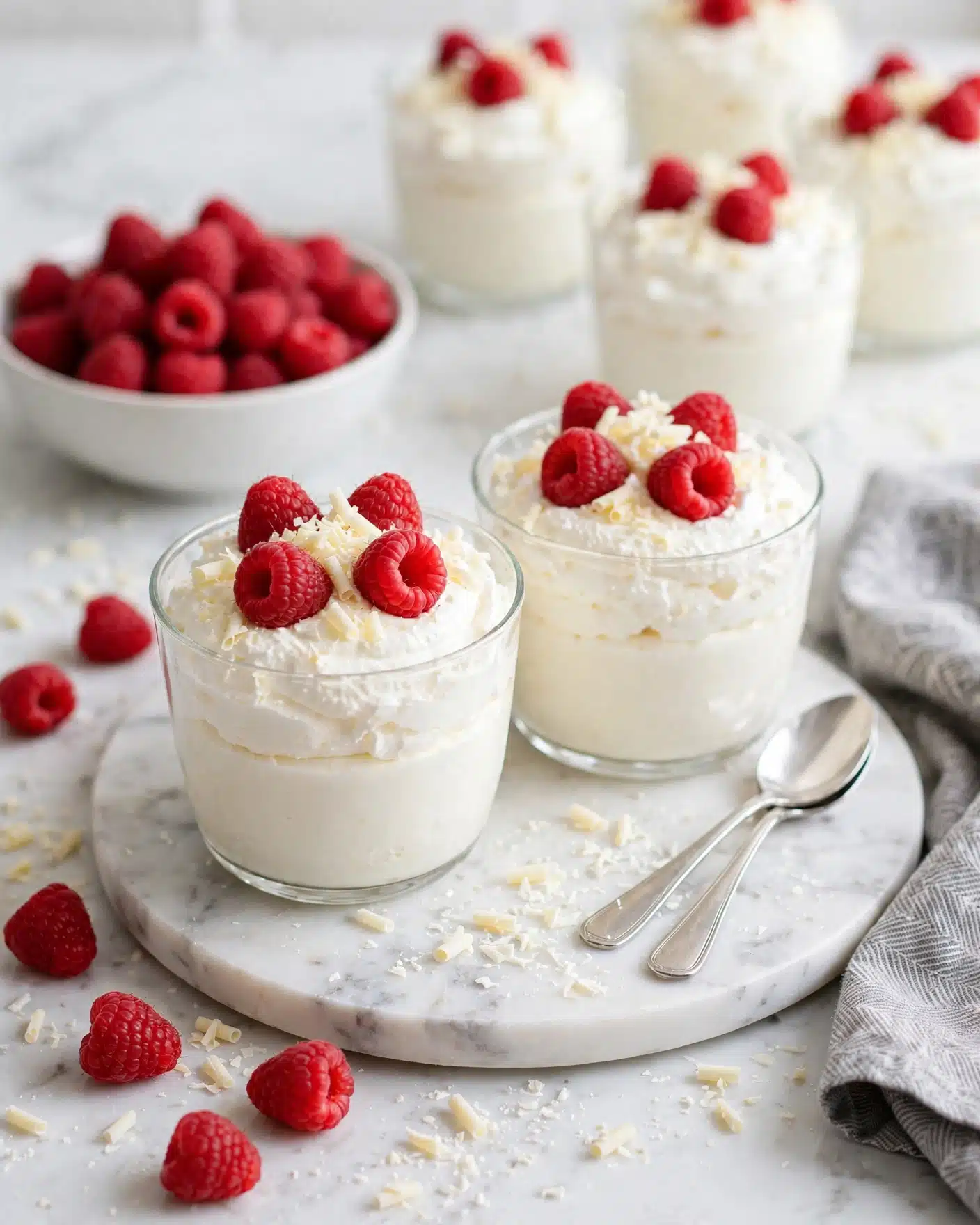 The image shows two clear glass dessert cups filled with a creamy white layer at the bottom, topped with a thick layer of whipped cream, followed by a few bright red raspberries placed on top of the whipped cream. White chocolate shavings are sprinkled lightly over the whipped cream. The cups sit on a round white marbled board. Around the board, there are loose raspberries and some white chocolate shavings scattered on a white marbled surface. Two silver spoons lie parallel on the board next to one of the cups. In the background, there is a white bowl full of raspberries and more dessert cups with the same layered dessert, all on a white marbled texture. A gray cloth with a subtle pattern is on the right side. photo taken with an iphone --ar 4:5 --v 7