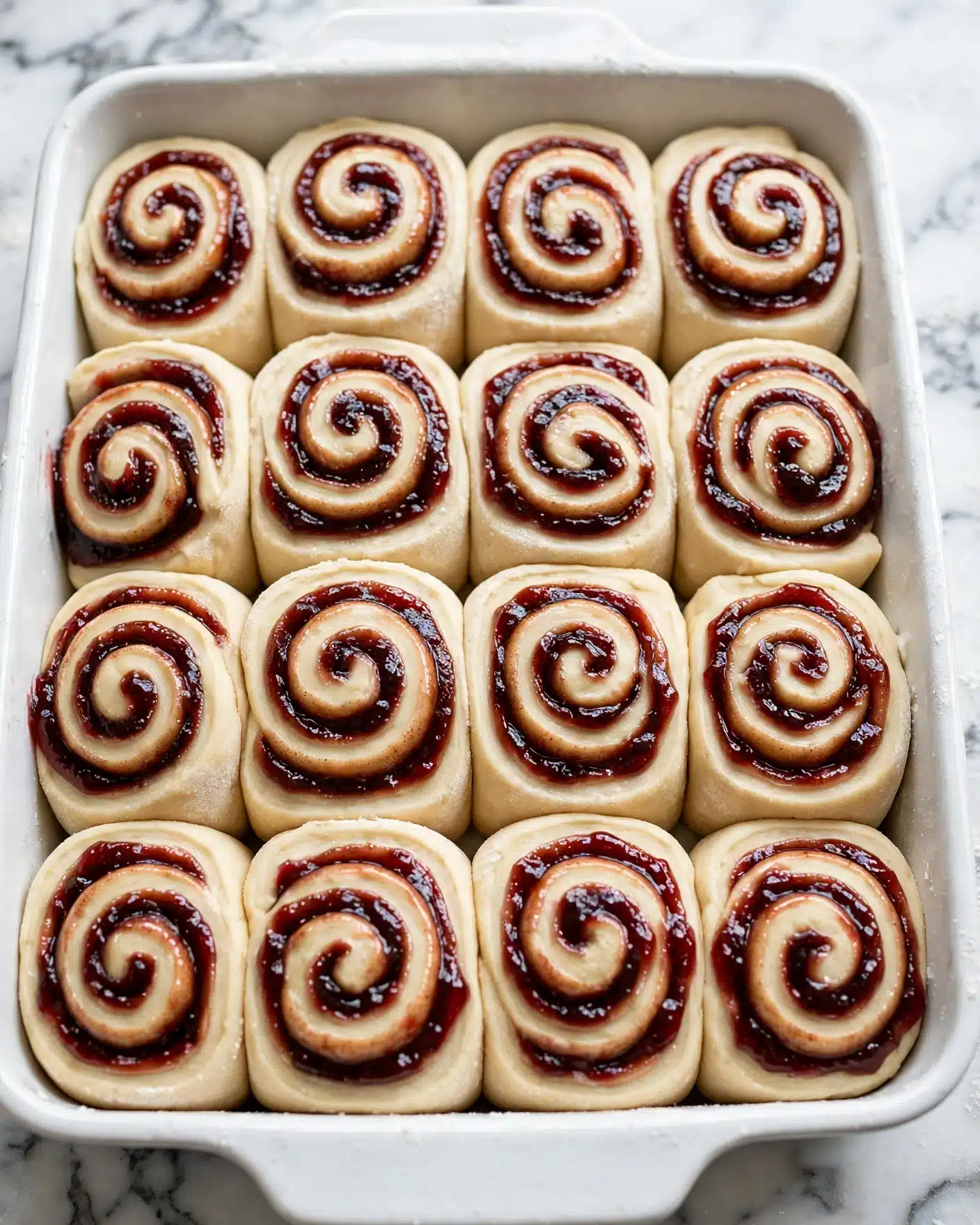 Spiced Plum Cinnamon Rolls with Plum Jam Cream Cheese Frosting Recipe 4 A close-up view of 12 uncooked cinnamon rolls placed tightly together in a white pan, showing a spiral of pale beige dough layers mixed with a glossy dark red layer of fruit jam filling inside each roll. The dough looks soft and slightly rough with small flour dusting, while the jam gives a sticky, smooth, shiny texture that stands out around the swirls. The rolls are in a compact grid, with clear separation lines between each one. The background surface is a white marbled texture photo taken with an iphone --ar 4:5 --v 7