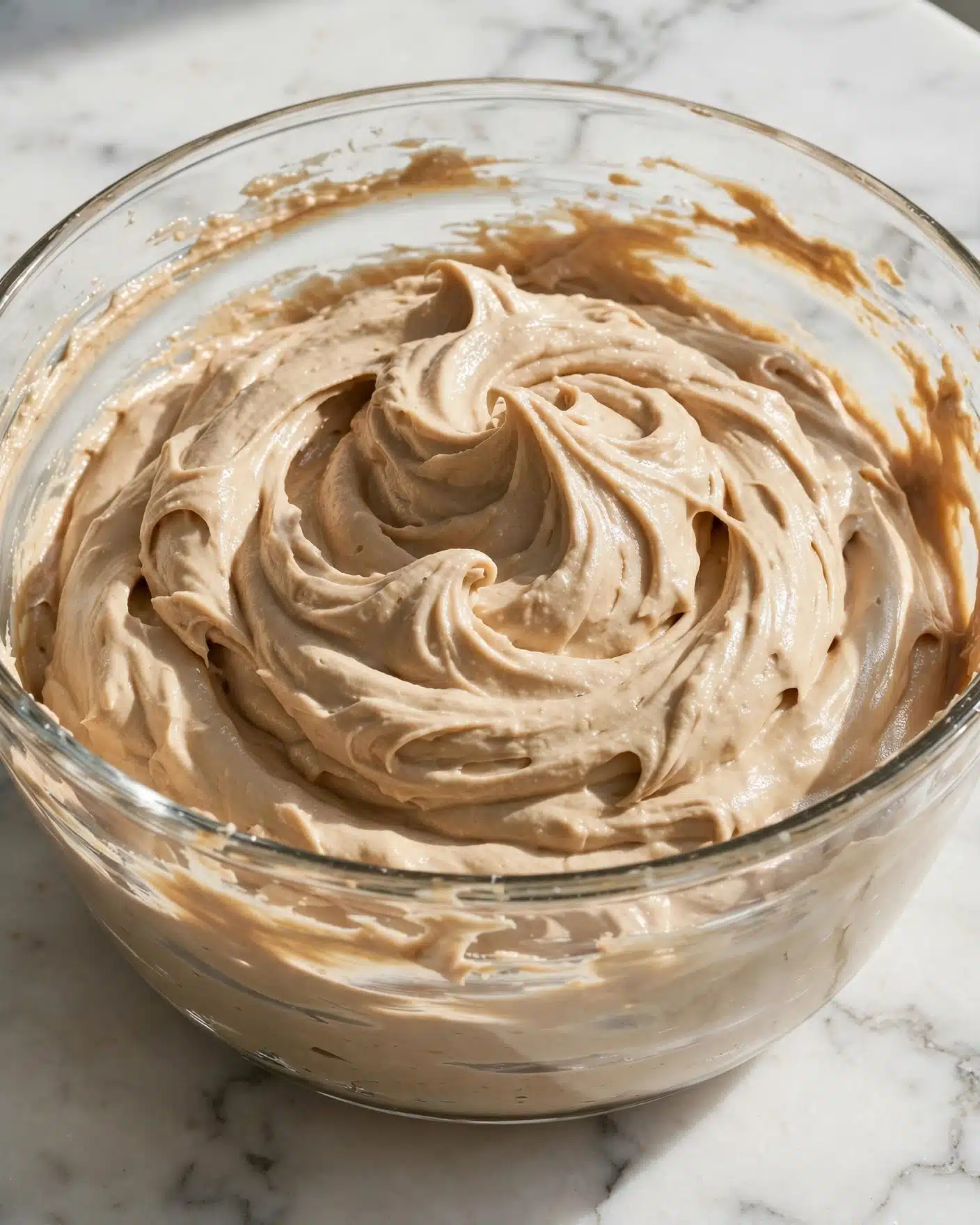A clear glass bowl sits on a white marbled surface, filled with a creamy, light brown mixture that has a smooth and fluffy texture. The mixture forms soft waves and peaks inside the bowl, showing some areas where it swirls inwards, with some streaks stuck along the sides. The color of the mixture is consistent throughout, resembling a thick batter or dough, with a slightly shiny surface that suggests moisture. Photo taken with an iphone --ar 4:5 --v 7