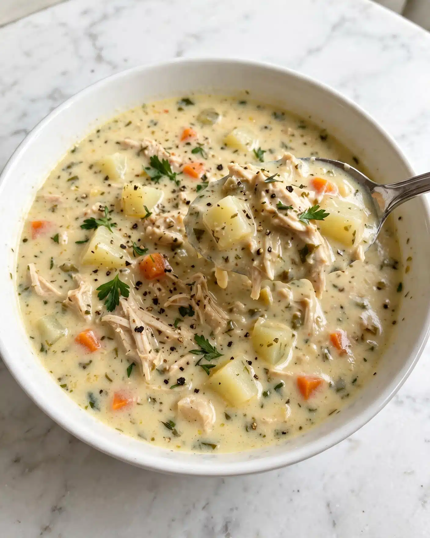 Crock Pot Cheeseburger Soup Recipe 5 A white bowl filled with creamy chicken and vegetable soup with a thick texture, showing small chunks of pale yellow potatoes, orange carrots, and bits of green herbs mixed evenly throughout a light yellow creamy base, topped with sprinkled fresh green parsley and cracked black pepper. A silver spoon scoops some of the soup, holding up visible pieces of vegetables and meat, placed against a white marbled surface photo taken with an iphone --ar 4:5 --v 7