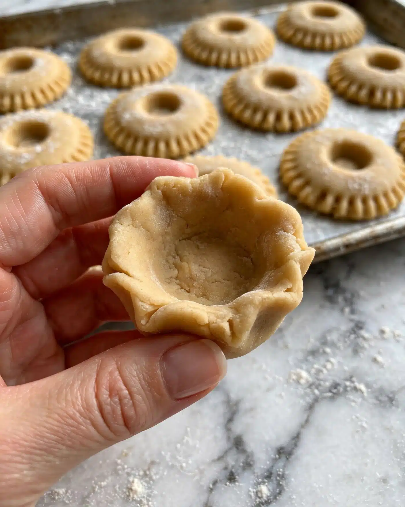 Maamoul: Middle Eastern Date-Stuffed Shortbread Cookies Recipe 4 A close-up image shows a woman's hand holding a small round cookie dough cup with a hollow center and slightly crimped edges. In the background, several fully shaped raw cookies with a fluted design and hole in the middle are arranged neatly on a baking sheet. The scene is set on a white marbled surface, highlighting the light golden color and soft texture of the dough. Photo taken with an iphone --ar 4:5 --v 7