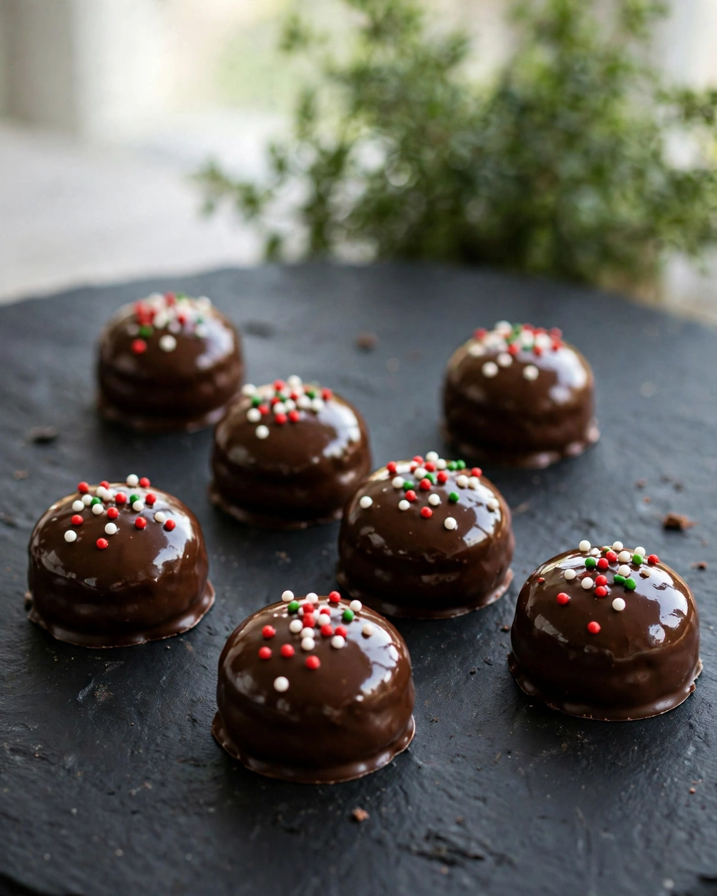 Homemade Peppermint Patties Recipe 5 The image shows several round, smooth chocolate-covered treats arranged on a dark surface with a blurred green plant in the background. Each treat has one thick layer of shiny, rich brown chocolate coating and is decorated with small, round sprinkles in red, white, and green colors scattered on top. The treats are placed flat, spaced unevenly, and the surface they rest on is dark and matte, which contrasts with the bright sprinkles and glossy chocolate. There is no bowl or plate visible, and the background includes a white, soft-focus area that adds light to the scene photo taken with an iphone --ar 4:5 --v 7