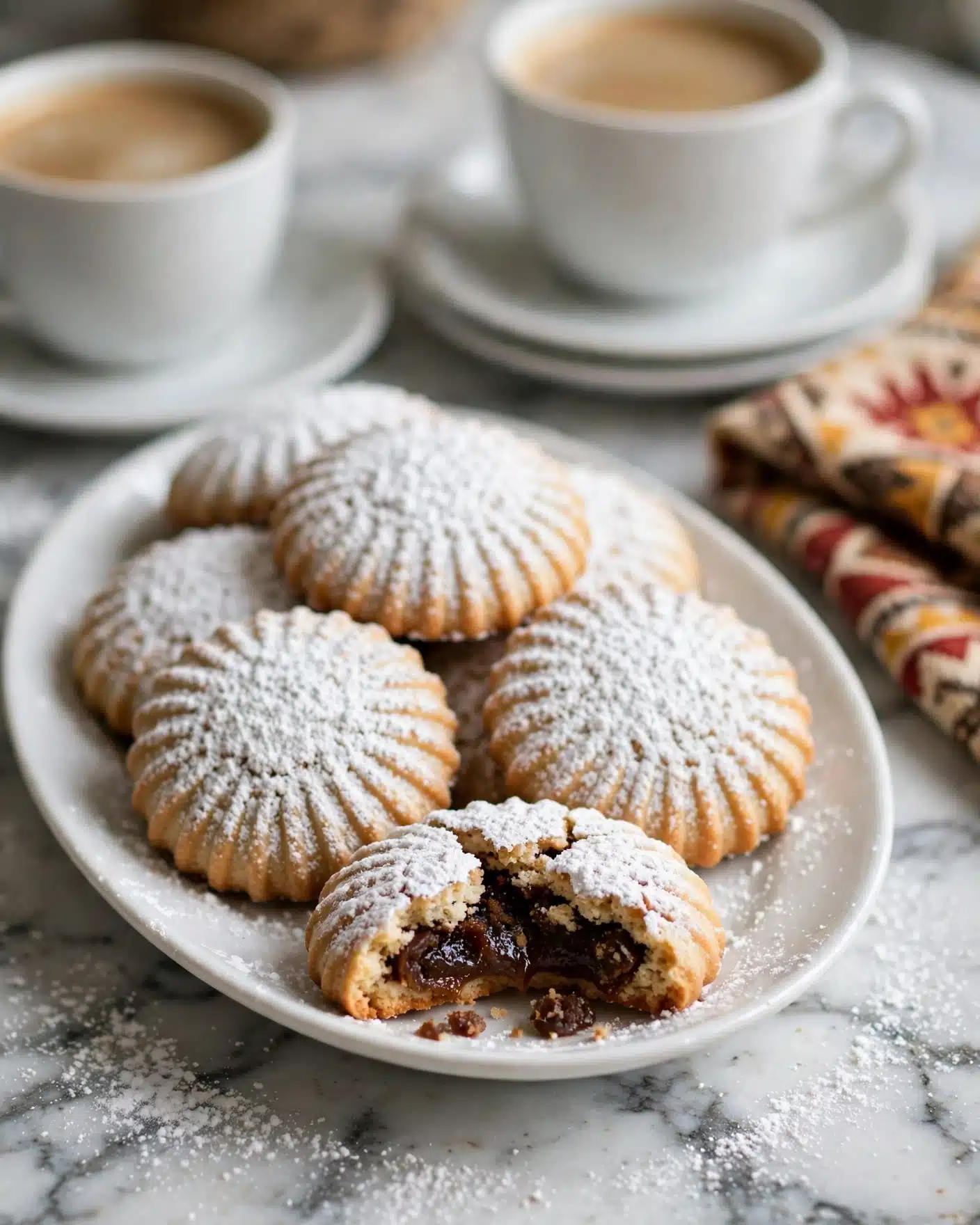 Maamoul: Middle Eastern Date-Stuffed Shortbread Cookies Recipe 5 A white oval plate filled with round, ridged cookies, dusted heavily with white powdered sugar, one cookie at the front showing a dark filling inside its broken center; two white cups and saucers filled with light brown coffee sit in the blurred background on a white marbled surface, along with a cloth napkin with a red, yellow, and brown pattern at the side. photo taken with an iphone --ar 4:5 --v 7