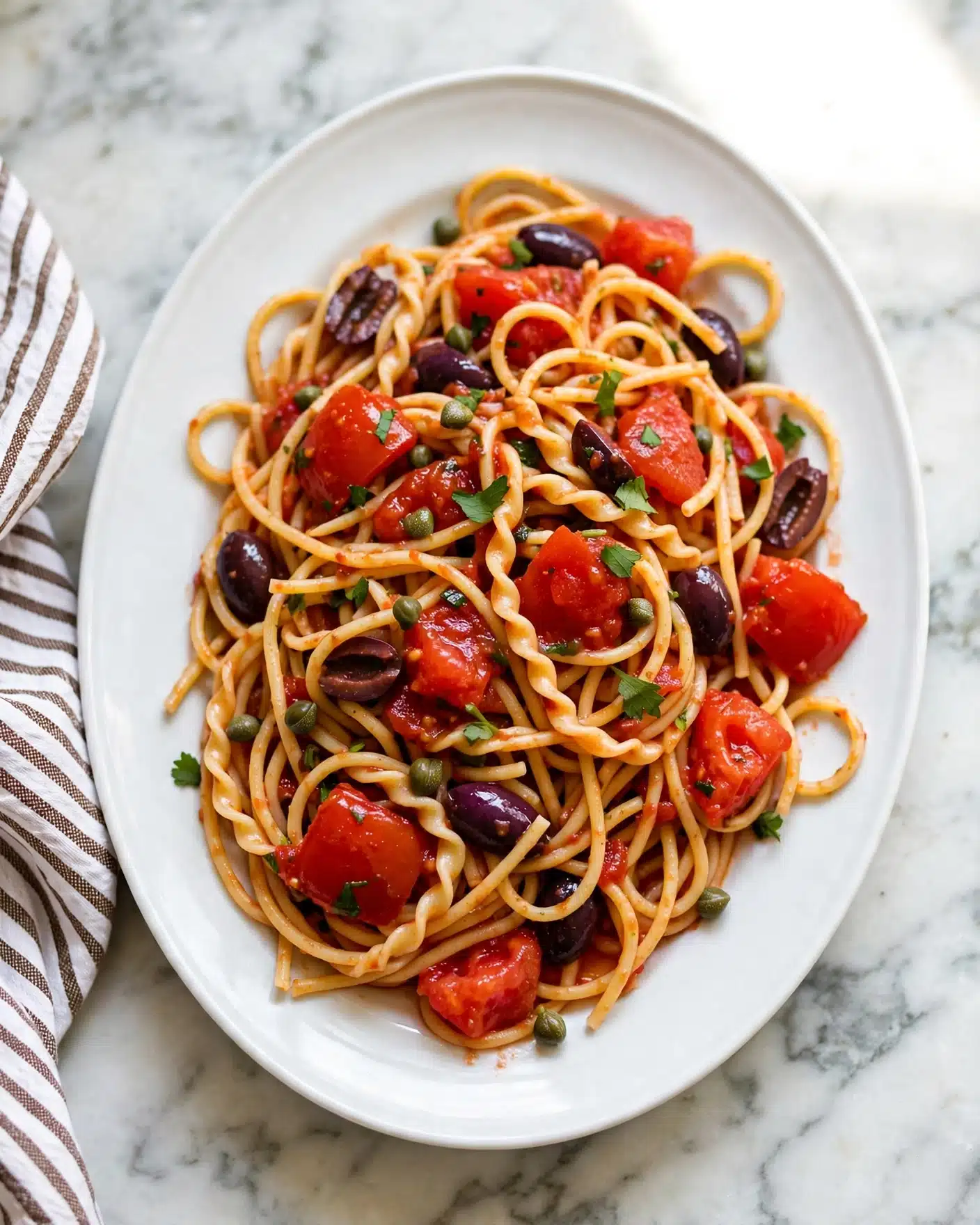 Pasta Puttanesca Recipe 5 A white oval plate is filled with a single layer of spaghetti noodles mixed with chunks of bright red tomatoes and dark purple olives, all tossed together in a light red sauce. The noodles are long and slightly twisted, forming loose loops across the plate. Scattered on top are small green herbs and capers, adding fresh green and pale green dots throughout the pasta. The plate sits on a white marbled surface with a white and brown striped cloth partially visible at one side. photo taken with an iphone --ar 4:5 --v 7