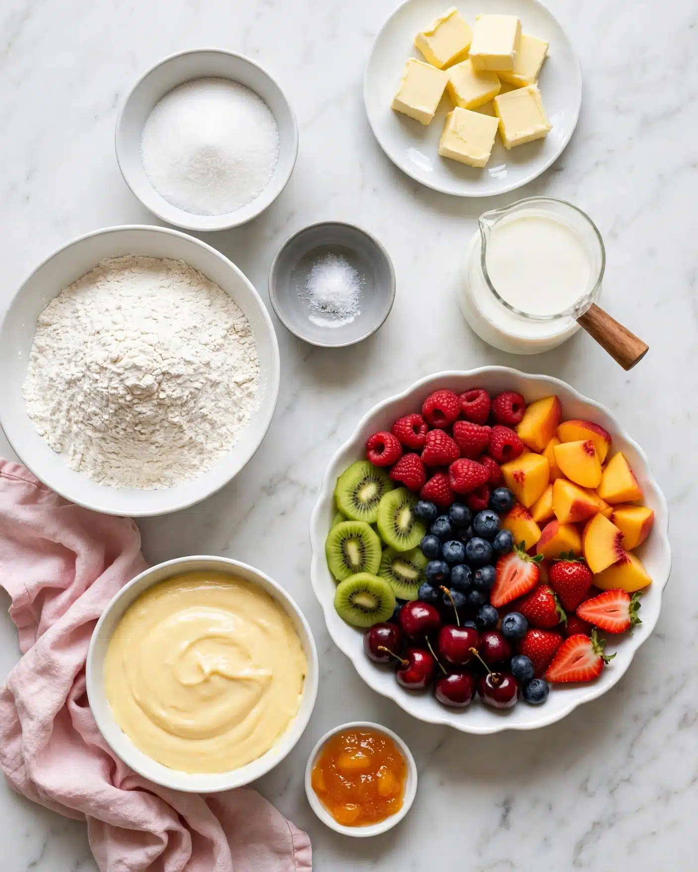 A top-down view shows several white bowls and a white plate on a white marbled surface, each holding different ingredients. On the top right, a white plate is filled with soft pale yellow butter cubes. Below it, a small glass jug with a wooden handle holds fresh white milk. Right below, a large white scalloped bowl is filled with colorful, neatly arranged chopped fresh fruits: bright orange peaches, red raspberries, red strawberries, dark red cherries, green kiwi slices, and deep blue blueberries. To the left, a large white bowl is filled with white flour, and a smaller white bowl above holds granulated white sugar. A small grey bowl with a pinch of white salt is placed between the flour and fruit bowls. At the bottom left, a white bowl is filled with smooth yellow custard or cream, with a crumpled light pink cloth draped nearby. Lastly, a tiny white sauce dish contains orange peach jam. Photo taken with an iphone --ar 4:5 --v 7