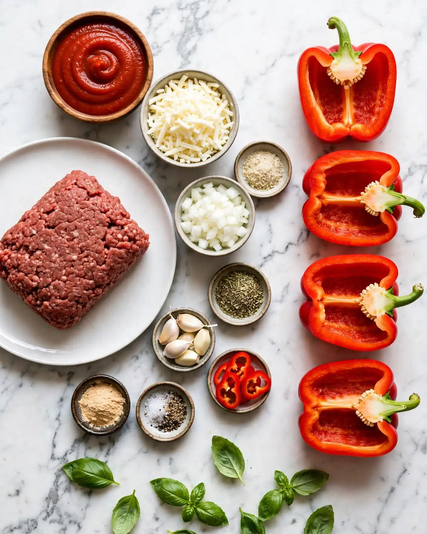 Low Carb Pizza Stuffed Peppers Recipe 4 The image shows ingredients arranged on a white marbled surface, ready for cooking. There are four red bell pepper halves placed vertically on the right side with their bright shiny inner sides facing up. On the left side, a white plate holds a roughly rectangular block of raw ground meat with a coarse, soft texture. Around the peppers and meat are small bowls: one filled with shiny tomato sauce swirled on top, another with white shredded cheese, one more with finely diced white onions, a small dish with red pepper slices, a bowl with dried green herbs, and several smaller dishes containing garlic cloves, granulated seasoning, salt and black pepper mix, and a light brown powder. Fresh green basil leaves are scattered on the table’s edge giving color contrast. Photo taken with an iphone --ar 4:5 --v 7