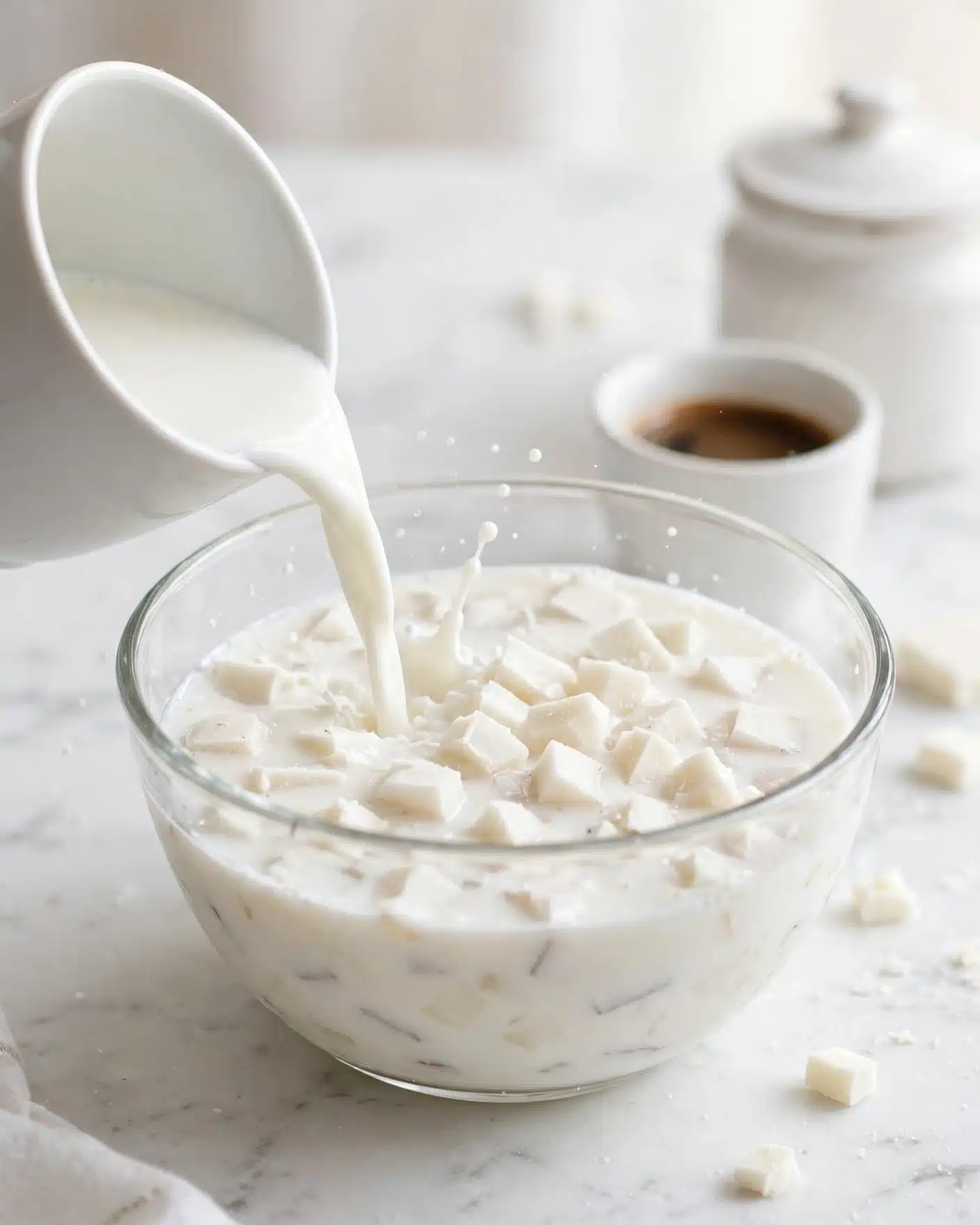 A clear glass bowl filled with small white chunks mixed with white liquid, likely milk, placed on a white marbled surface. Near the bowl, there is a white cup tilted, pouring more white liquid into the bowl. In the background, there is a small white cup with dark brown liquid and a white container. The overall scene is bright and clean. photo taken with an iphone --ar 4:5 --v 7