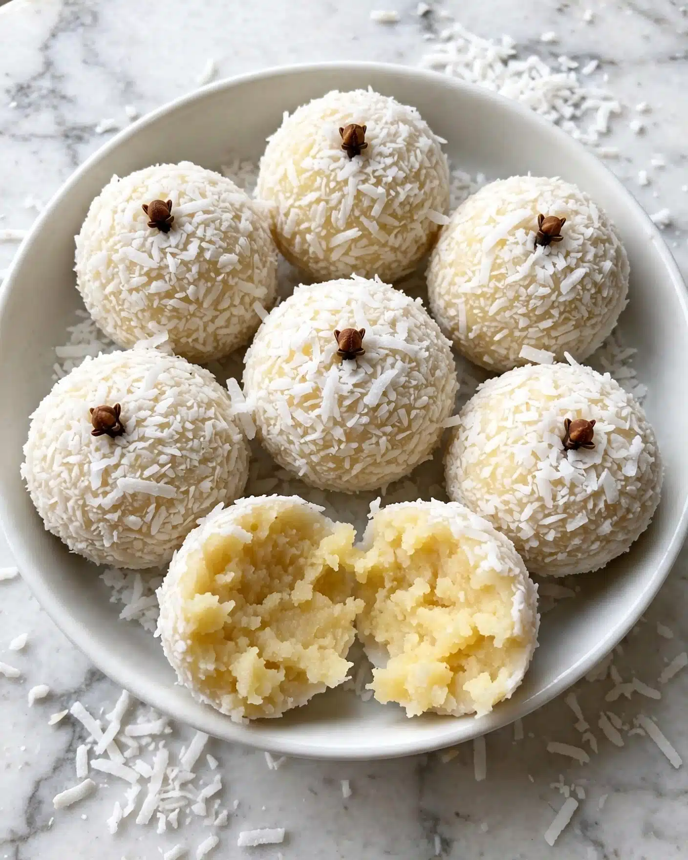 Beijinho (Brazilian Coconut Balls) Recipe 5 A white round bowl filled with six round coconut balls layered closely together, each ball covered in white shredded coconut and topped with a small brown clove, placed on a white marbled surface. One ball is broken open, showing a soft, yellowish inside with a chewy texture. The overall look is smooth and snowy white with natural rough shredded coconut texture on top. Photo taken with an iphone --ar 4:5 --v 7