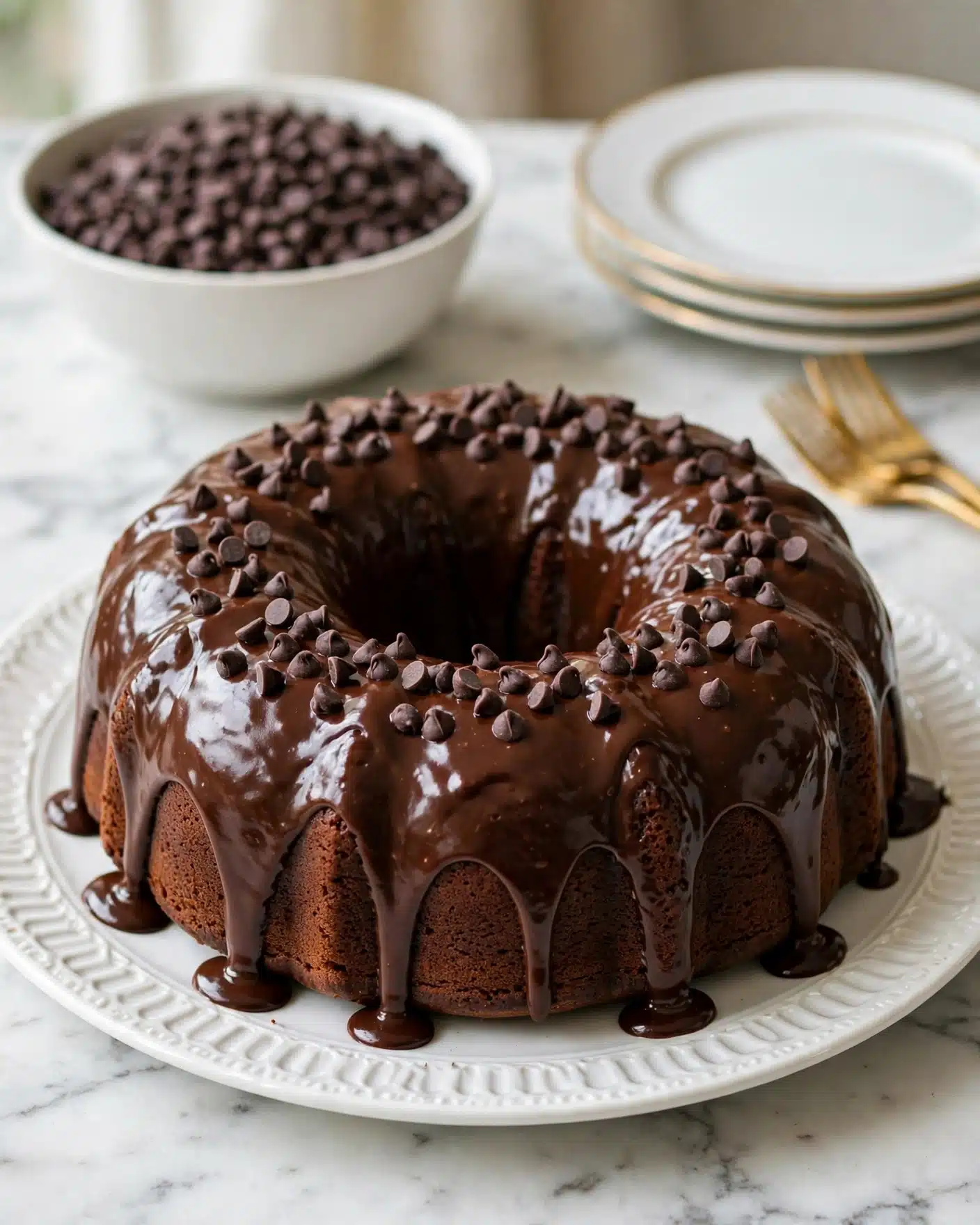 Moist Chocolate Bundt Cake with Mini Chocolate Chips and Silky Ganache Recipe 5 A round chocolate bundt cake sits on a white plate with a textured edge, covered generously with thick, shiny dark chocolate glaze that drips over the sides in smooth waves. The top is sprinkled with many small chocolate chips, adding rough texture to the glossy glaze. The cake itself looks dense and rich with a deep brown color. The whole scene is placed on a white marbled surface with a white bowl in the background filled with chocolate chips, along with a stack of white plates with gold rims and golden forks nearby. Photo taken with an iphone --ar 4:5 --v 7