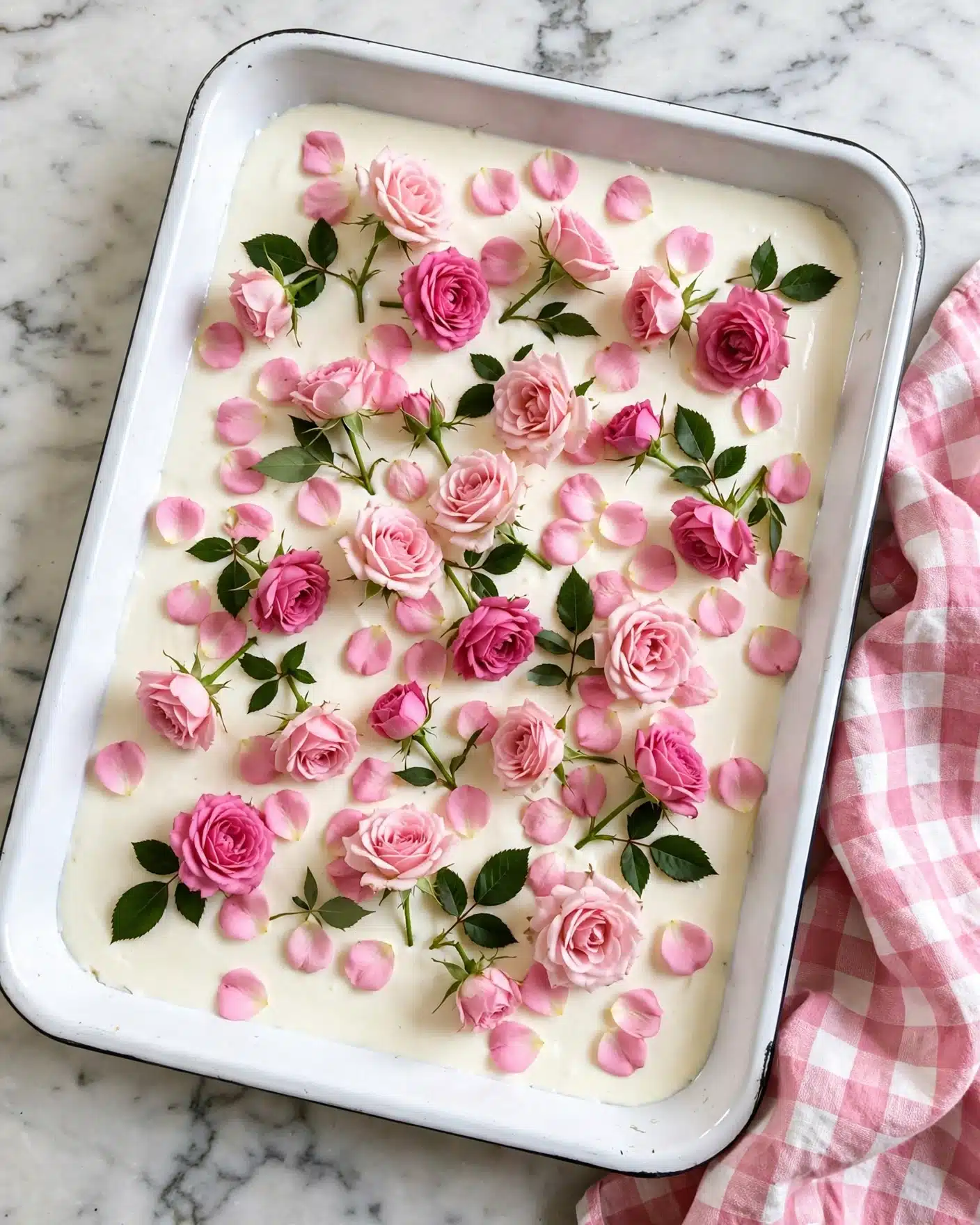 A white rectangular tray filled with a smooth, creamy white base layer topped with scattered pink rose petals and whole small pink roses in different shades, ranging from pale to deep pink. The flowers and petals are spread evenly across the surface, creating a soft, delicate pattern. The tray is placed on a white marbled table next to a pink and white checkered cloth. photo taken with an iphone --ar 4:5 --v 7