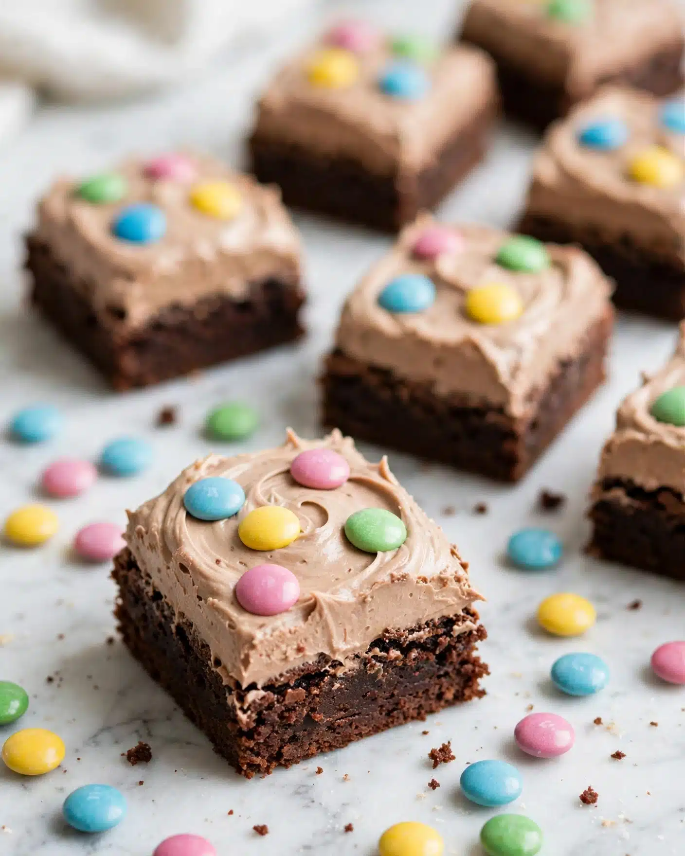 M&M Brownies with Chocolate Frosting Recipe 5 The image shows a close-up of small square chocolate brownies topped with a thick layer of light brown chocolate frosting. Each brownie has a smooth, creamy frosting layer on top with soft swirls, and is studded with colorful round candy pieces in pastel colors like blue, yellow, green, and pink. The brownies are placed on a white marbled surface that has many more colorful candy pieces scattered around them. The focus is on one brownie in the foreground with others blurred in the background. The photo has a soft, natural light. photo taken with an iphone --ar 4:5 --v 7