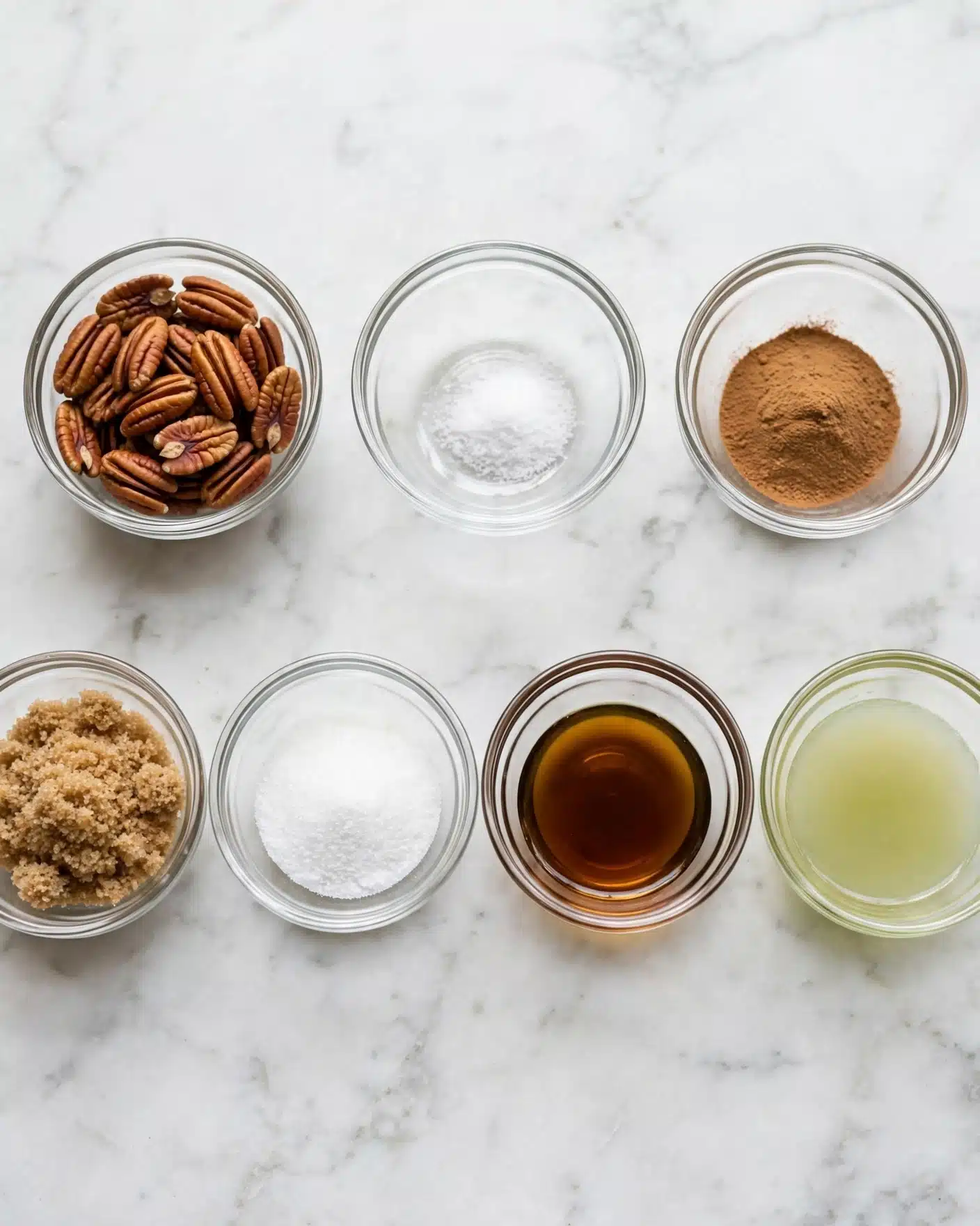 The image shows seven small clear glass bowls arranged in two rows on a white marbled surface. The top row has three bowls: the left one is filled with whole pecans, the middle one has a small amount of white salt, and the right one contains light brown cinnamon powder. The bottom row has four bowls: the left one holds light brown sugar, the next has white granulated sugar, the next contains a dark amber liquid which looks like vanilla extract, and the last one has a light greenish liquid, possibly lime juice. The bowls are evenly spaced and all are simple and transparent. Photo taken with an iphone --ar 4:5 --v 7