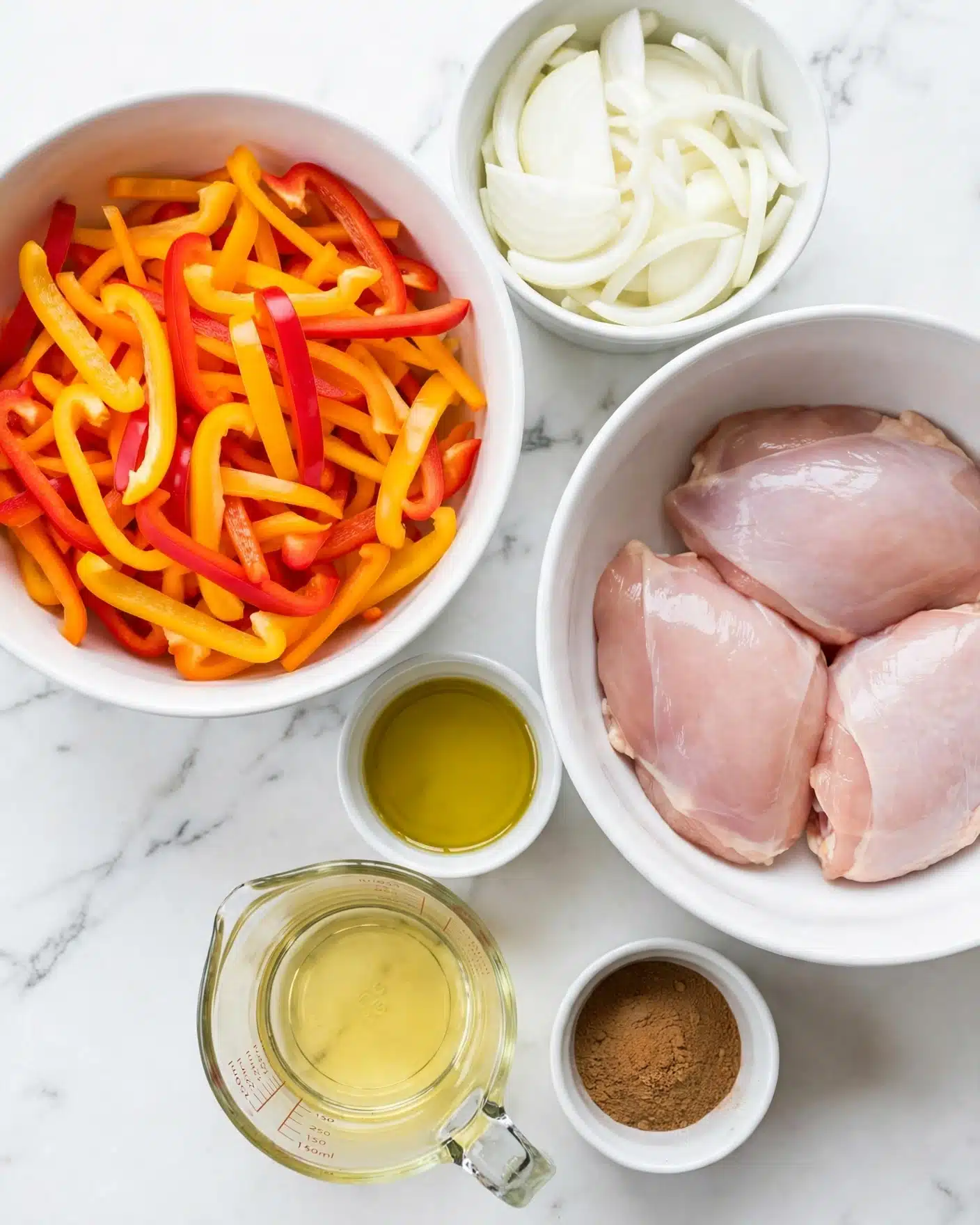 Chicken with Peppers and Onions in Taco Seasoning Recipe 4 The image shows six white bowls and containers arranged on a white marbled surface. The largest bowl on the right holds three raw chicken pieces, pale pink and smooth. On the top left, a large white bowl is full of sliced bell peppers in bright red, yellow, and orange colors, cut into thin strips. To the top right, a medium white bowl contains sliced white onions, thin and curved. Below the onions, a small white cup holds light yellow olive oil. Next to the oil is another small white bowl filled with a brown powdery seasoning. At the bottom center, there is a clear glass measuring cup with pale yellow liquid inside. The overall look is clean and organized. photo taken with an iphone --ar 4:5 --v 7