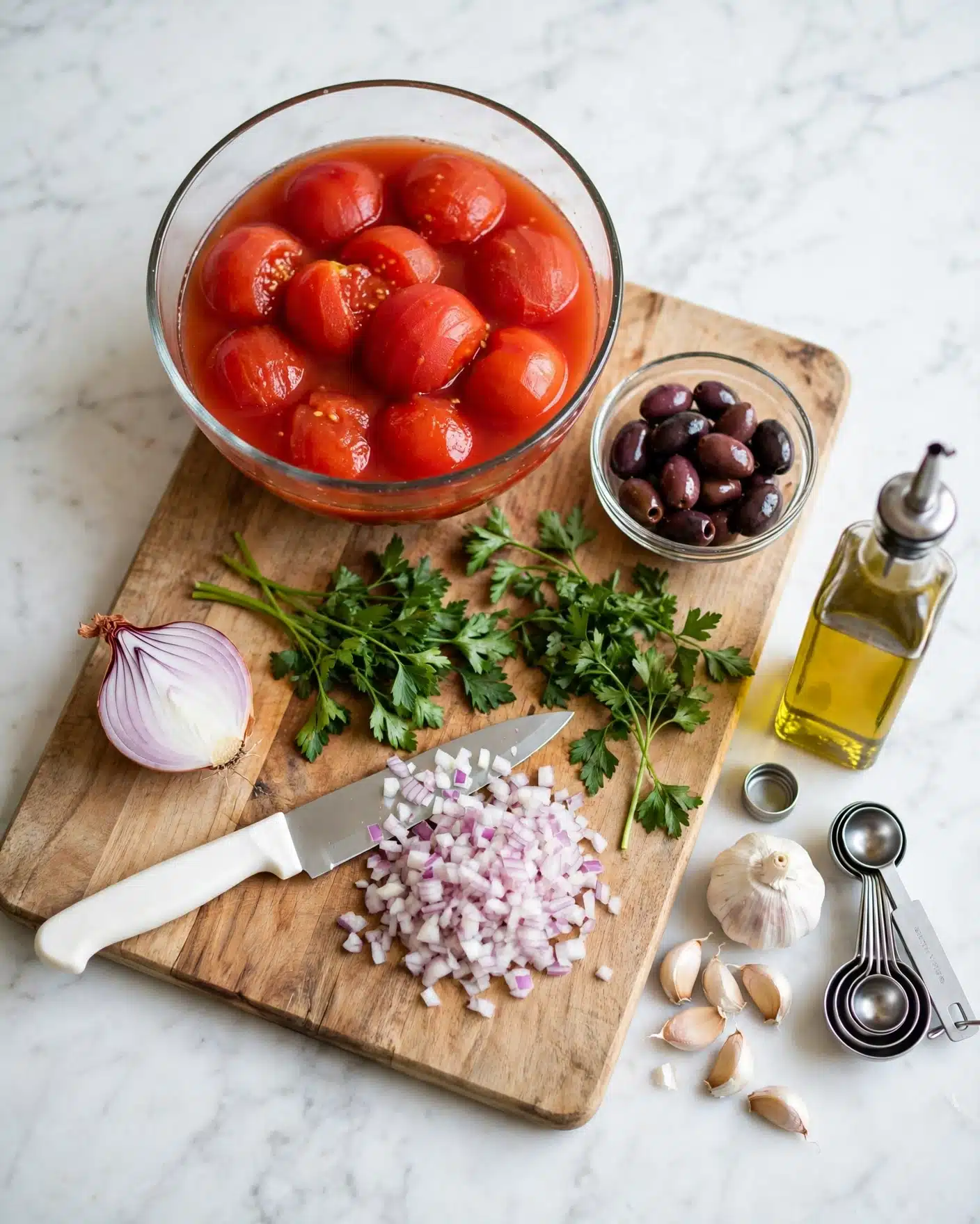Pasta Puttanesca Recipe 4 A wooden cutting board is placed on a white marbled surface. On the board, there is a clear glass bowl filled with whole peeled red tomatoes in juice at the top center. To the right of the tomatoes is a smaller clear glass bowl holding dark purple olives. Below the olives are fresh green parsley sprigs spread across the board. In the center bottom part of the board is a knife with a white handle resting beside a pile of finely chopped light purple and white onions. To the left of the chopping is half of a shallot, showing its pale purple inside. Next to the board, on the white marbled surface, is a clear glass bottle of golden olive oil, a few garlic cloves, and metal measuring spoons stacked together. photo taken with an iphone --ar 4:5 --v 7