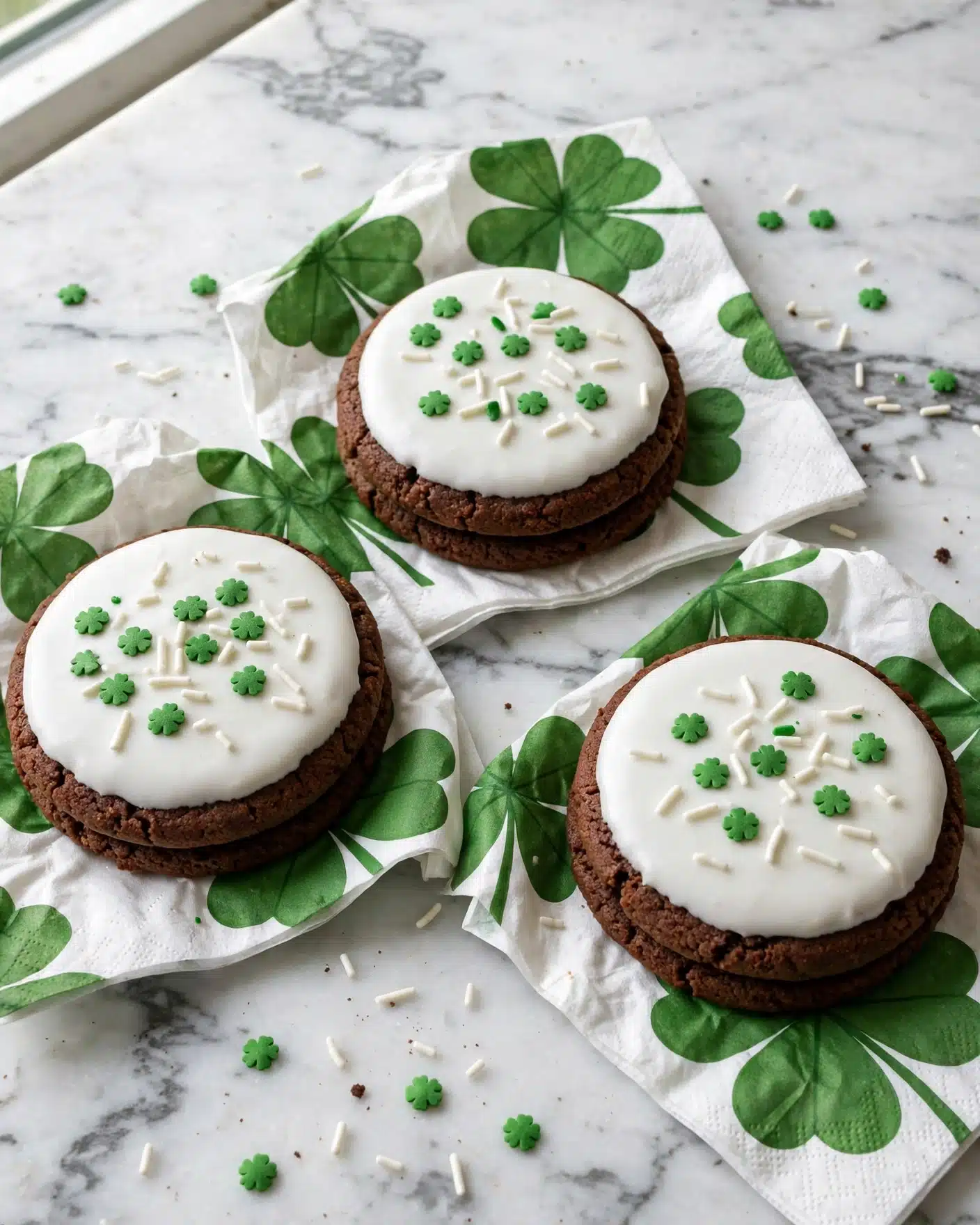 The Best Baileys Chocolate Cookies Recipe 5 There are round chocolate cookies with two layers: the bottom layer is dark brown cookie, and the top half of each cookie is covered with smooth white icing. On the white icing, small green clover-shaped sprinkles and thin white rod-shaped sprinkles are scattered. The cookies are placed on white napkins printed with large green clovers, all set on a white marbled surface with some sprinkles scattered around. Photo taken with an iphone --ar 4:5 --v 7