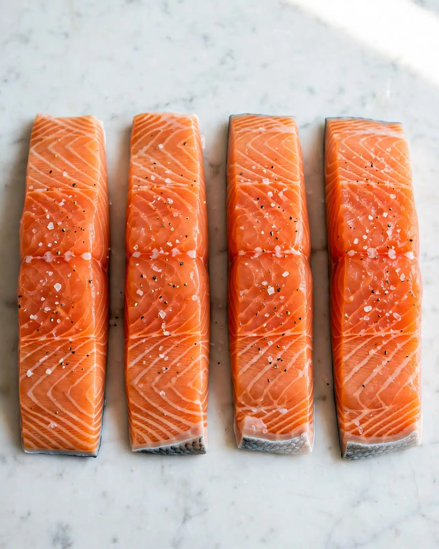 Insanely Good Creamy Tuscan Garlic Salmon Recipe 4 Four raw salmon fillets are laid side by side on a white marbled surface. Each fillet shows a rich orange color with natural white lines running through the flesh, indicating freshness. The top surfaces of the fillets are lightly sprinkled with coarse salt and a few specks of black pepper. The fillets are thick and rectangular, placed in a neat row with some space in between. The lighting is bright natural light, highlighting the moist texture and fine details of the salmon skin and flesh photo taken with an iphone --ar 4:5 --v 7