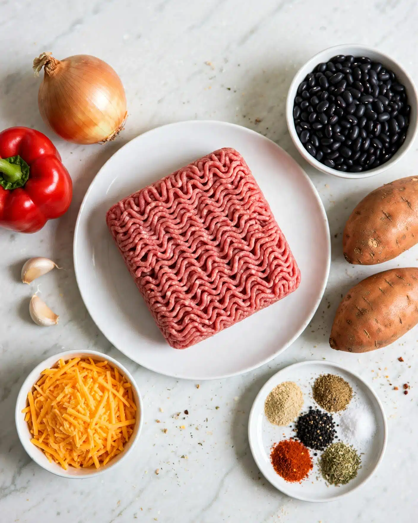 Southwest Ground Beef and Sweet Potato Skillet Recipe 4 A white plate holds a large rectangular block of raw ground meat with a pinkish-red color and a wavy texture on top, surrounded by various ingredients on a white marbled surface. To the left, there is a whole yellow onion beside a red bell pepper, and two garlic cloves nearby. On the right side, a white bowl is filled with shiny black beans, and next to it are two whole sweet potatoes with a rough, brownish-orange skin. At the front left, a small white bowl contains shredded bright orange cheddar cheese, while at the front right, another white bowl holds an array of colorful spices arranged in small piles including light beige, dark brown, black, white, red, and greenish shades. Photo taken with an iphone --ar 4:5 --v 7