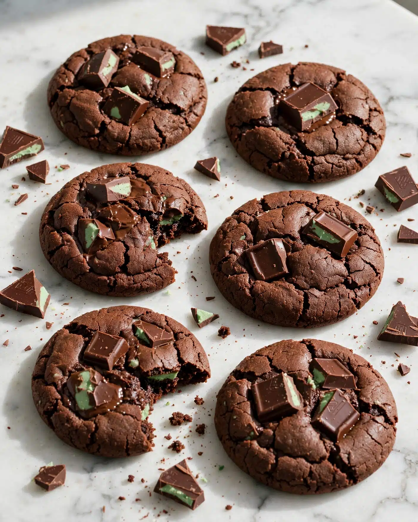 There are six chocolate cookies placed on a white marbled surface. Each cookie has a rough, cracked texture and is studded with chunks of dark chocolate that have a slight mint-green layer inside. The cookies are spread casually, with some broken chocolate pieces scattered around them. The close-up view highlights the rich, soft texture and the contrast between the dark brown cookie dough and the shiny chunks of chocolate. photo taken with an iphone --ar 4:5 --v 7