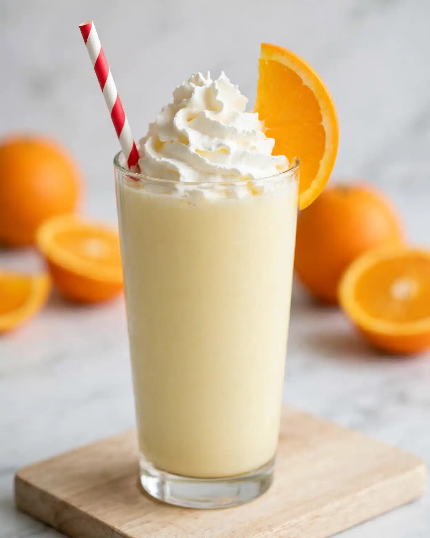 A tall clear glass filled with a smooth, creamy pale yellow drink, topped with a swirl of white whipped cream. On the top edge of the glass, there is a bright orange slice standing vertically. A red and white striped straw is inside the drink on the left side. The glass sits on a light wooden board, against a white marbled background with whole and halved orange fruits blurred behind. Photo taken with an iphone --ar 4:5 --v 7