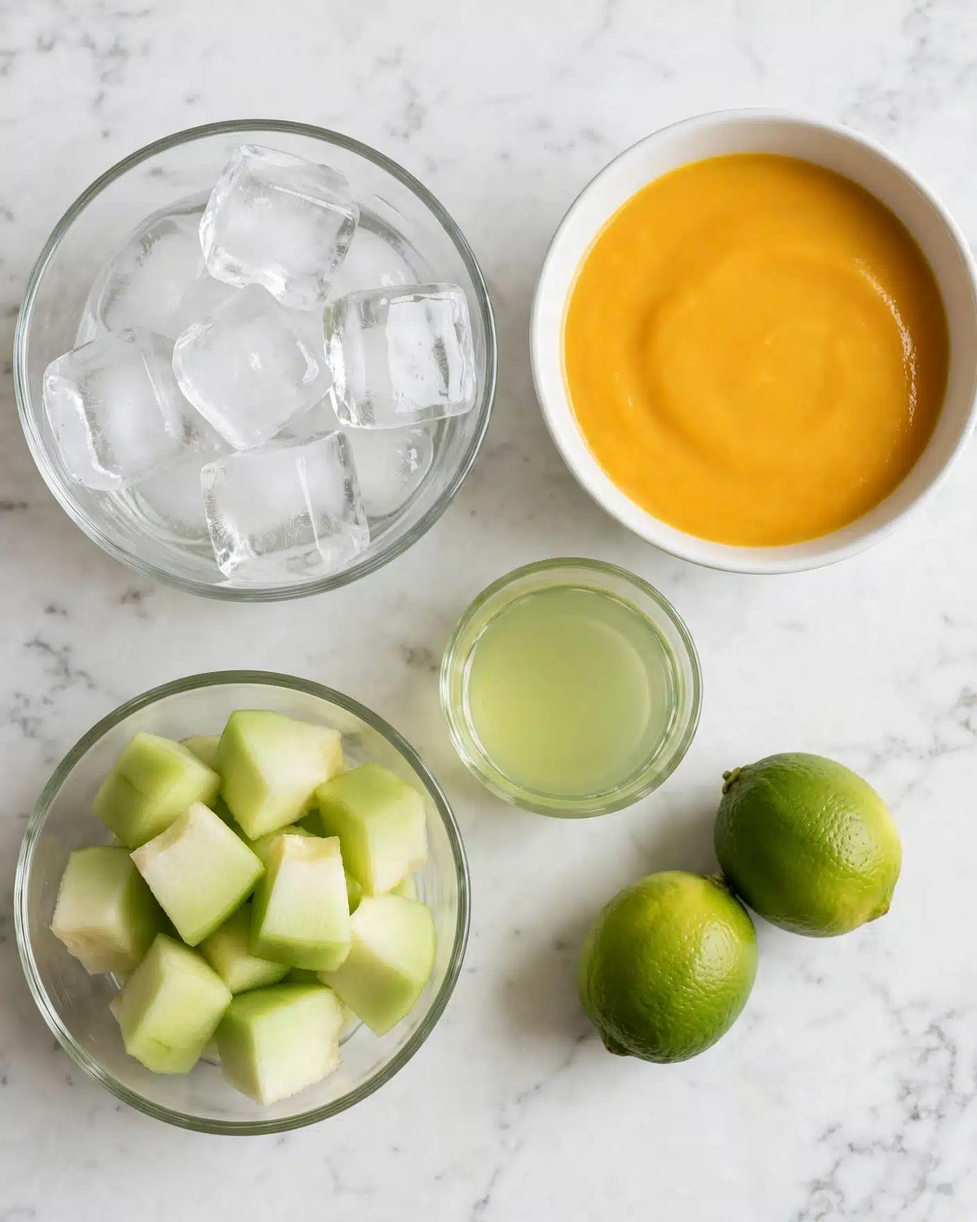The image shows five main elements on a white marbled surface arranged neatly in a flat lay style: a clear glass bowl filled with large, clear ice cubes positioned at the top left; a white bowl with thick, smooth orange-yellow liquid placed at the top right; a clear glass bowl containing peeled, chunked light green fruit pieces located at the bottom left; a small clear glass filled with pale green liquid situated slightly right of the center; and two whole bright green limes resting next to each other at the bottom right. The overall setting is clean and simple with soft natural lighting. Photo taken with an iphone --ar 4:5 --v 7