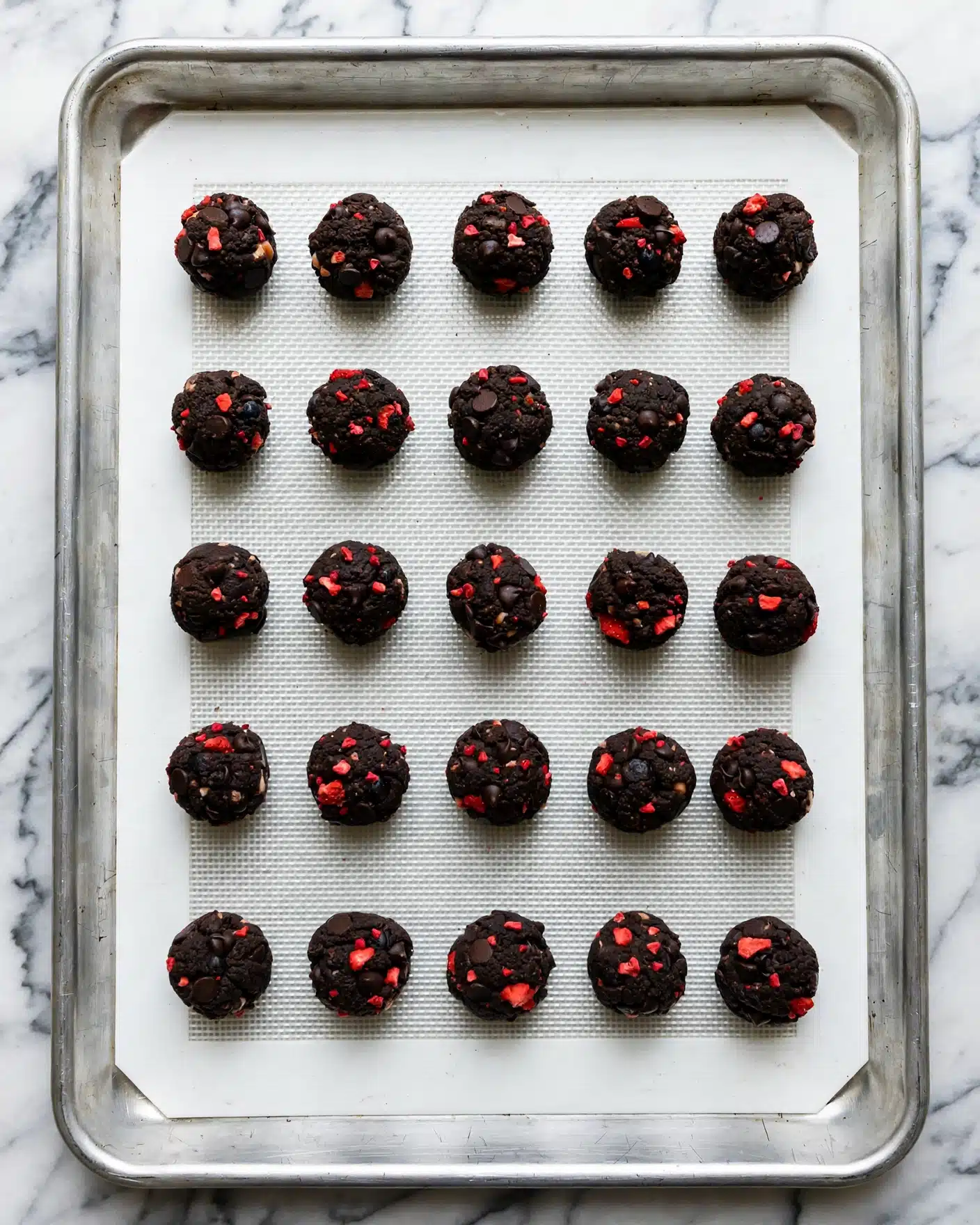 The image shows a metal baking tray with a white silicone mat on top. On the mat, there are small rough round cookie dough balls arranged in rows. The dough is dark brown, almost black, with darker chocolate chips embedded in it. Bright red small pieces are mixed throughout and on top of the dark dough, creating a sharp color contrast. The background is a white marbled texture. photo taken with an iphone --ar 4:5 --v 7
