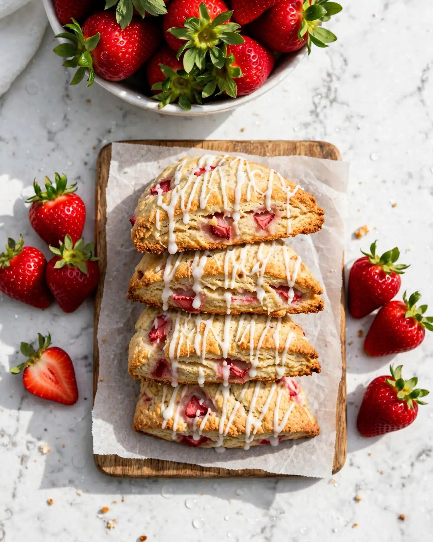 Strawberries and Cream Scones Recipe 5 The image shows four triangular strawberry scones stacked on each other on a wooden board lined with white parchment paper. The scones have a golden-brown crust with visible small pieces of red strawberries inside. Each scone is topped with thin white icing drizzled in a zigzag pattern. Around the board, there are several fresh whole strawberries and one strawberry sliced in half, placed on a white marbled surface. In the background, there is a white bowl filled with whole bright red strawberries. photo taken with an iphone --ar 4:5 --v 7